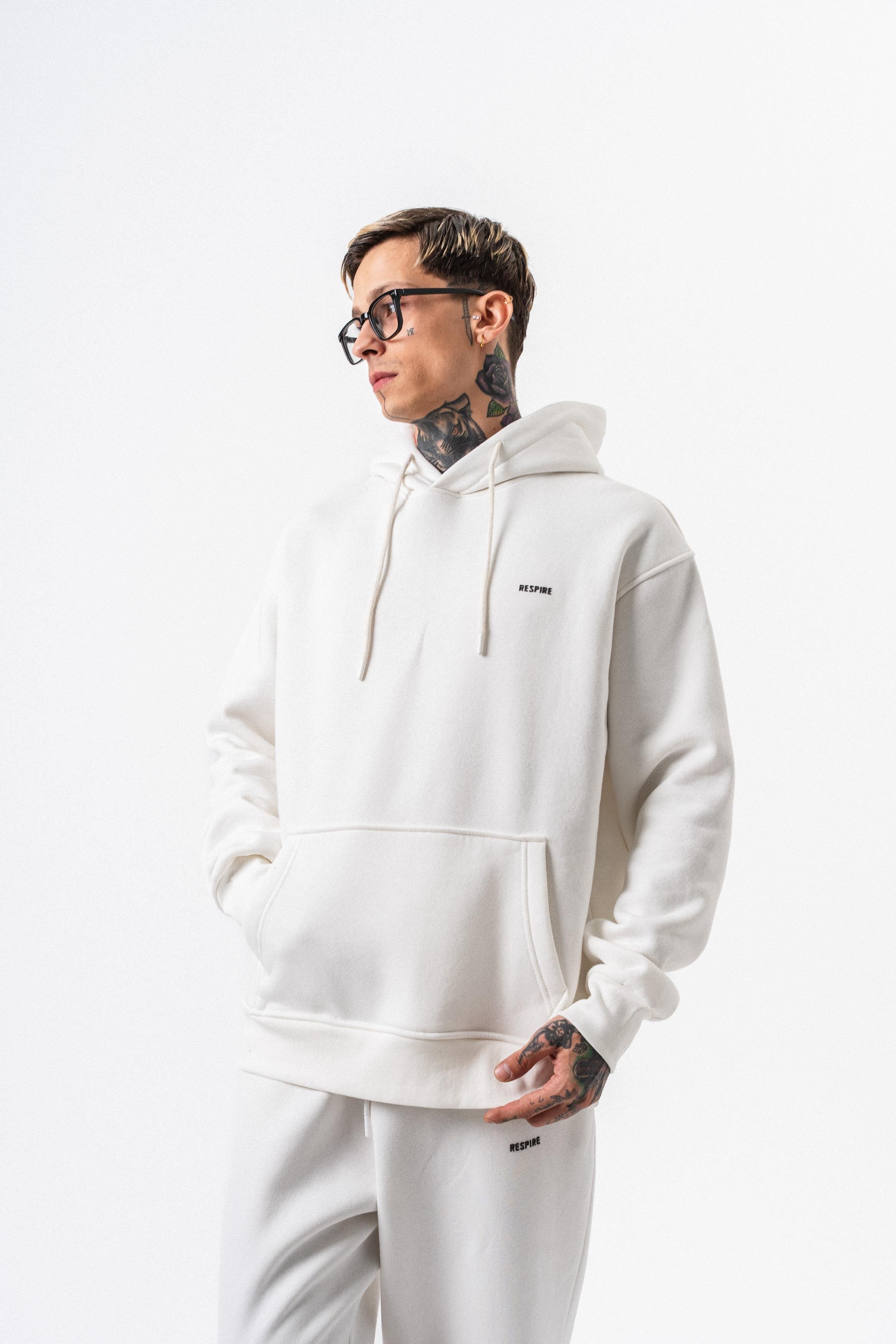 Erkek Respire Yazı Detaylı Kapüşonlu Basic Oversize Hoodie Ekru