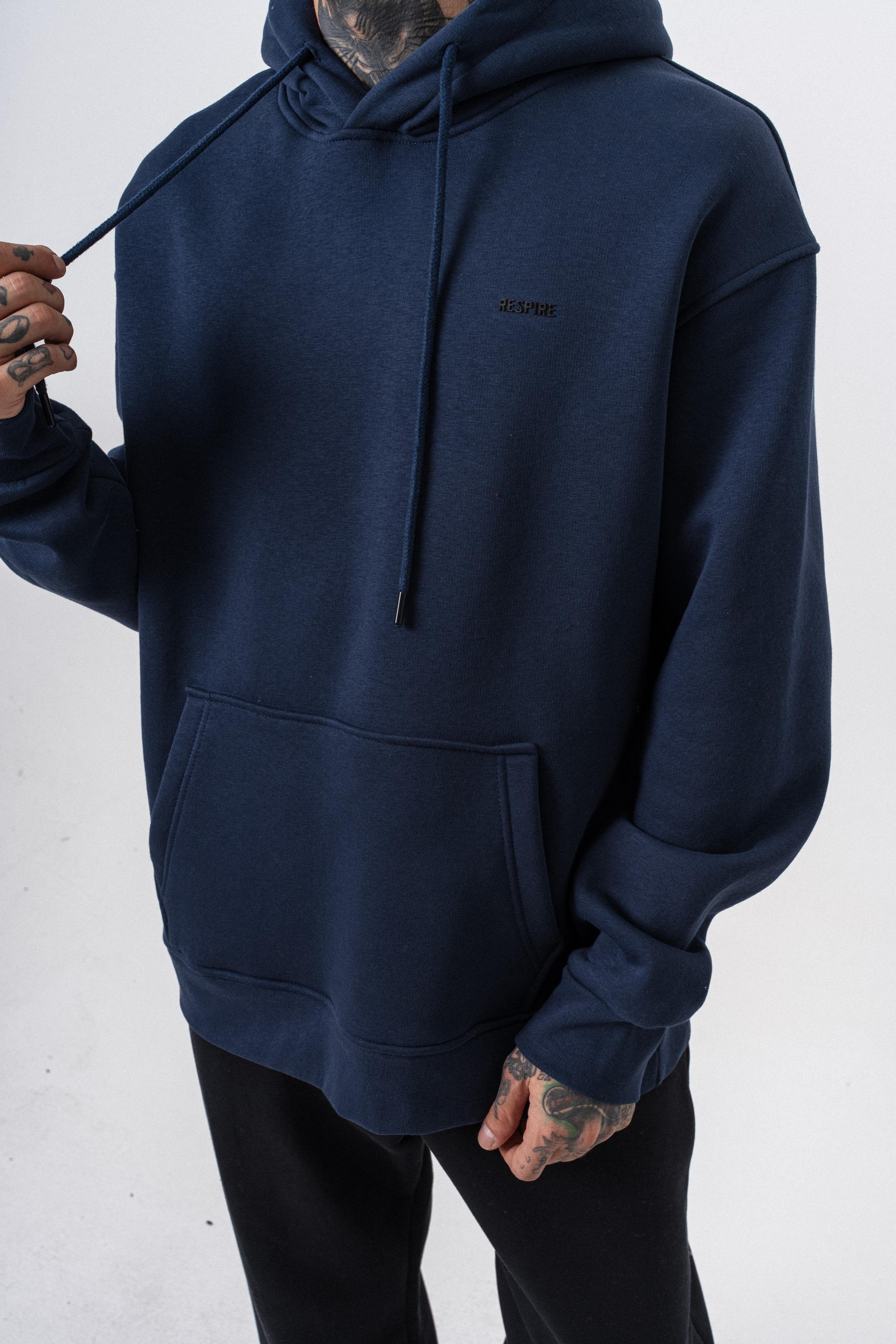 Erkek Respire Yazı Detaylı Kapüşonlu Basic Oversize Hoodie Lacivert