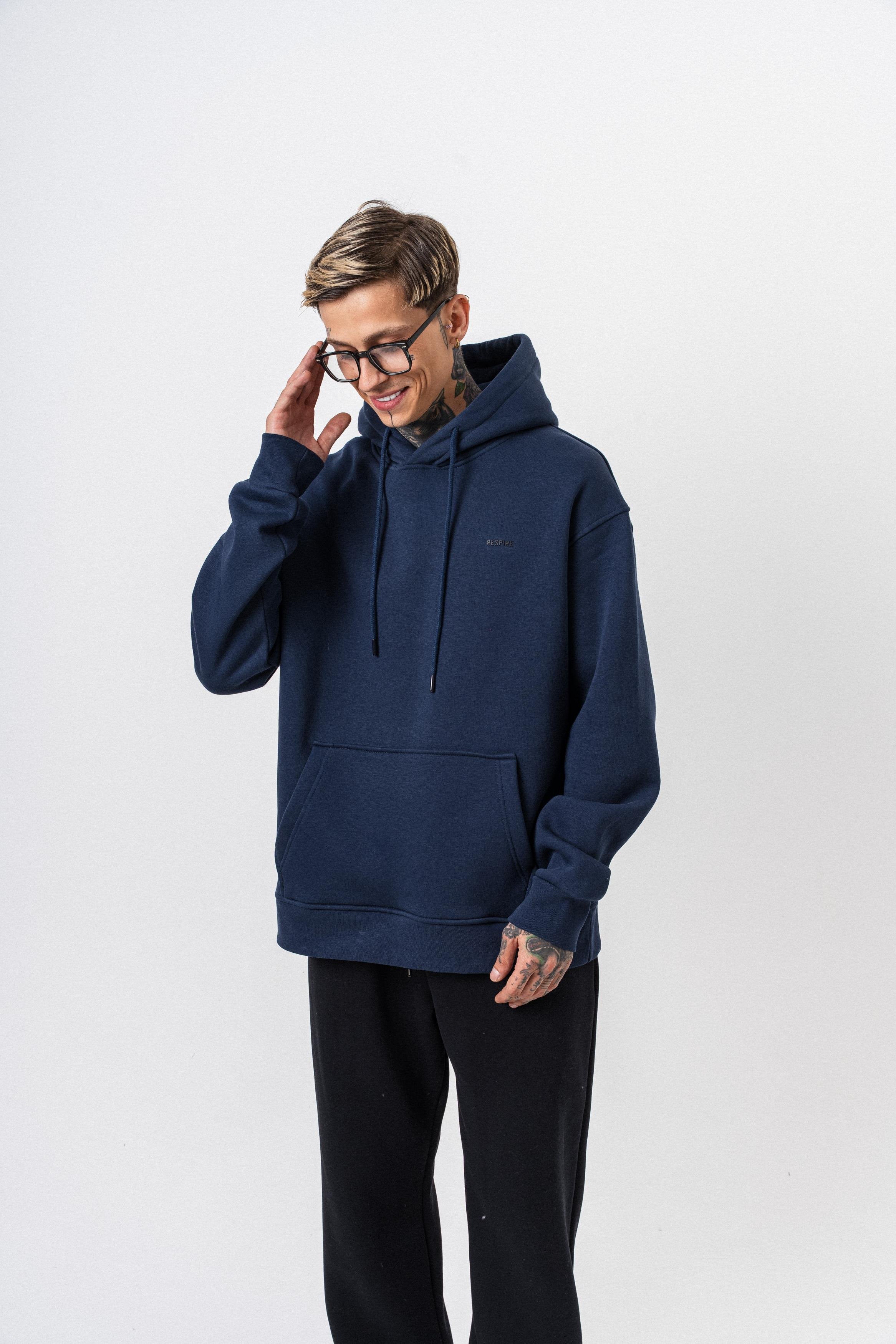 Erkek Respire Yazı Detaylı Kapüşonlu Basic Oversize Hoodie Lacivert