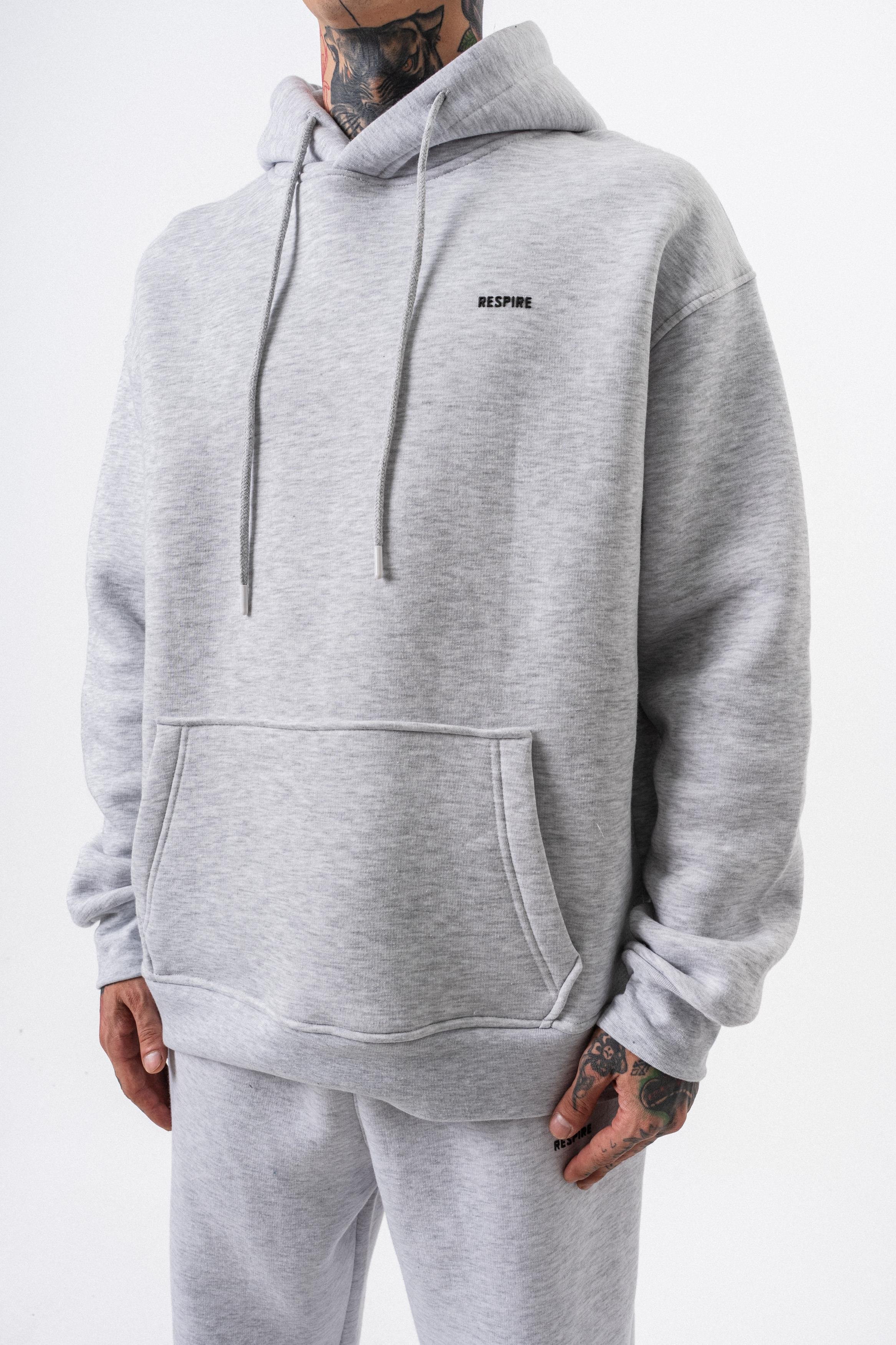 Erkek Respire Yazı Detaylı Kapüşonlu Basic Oversize Hoodie Kar Melanj