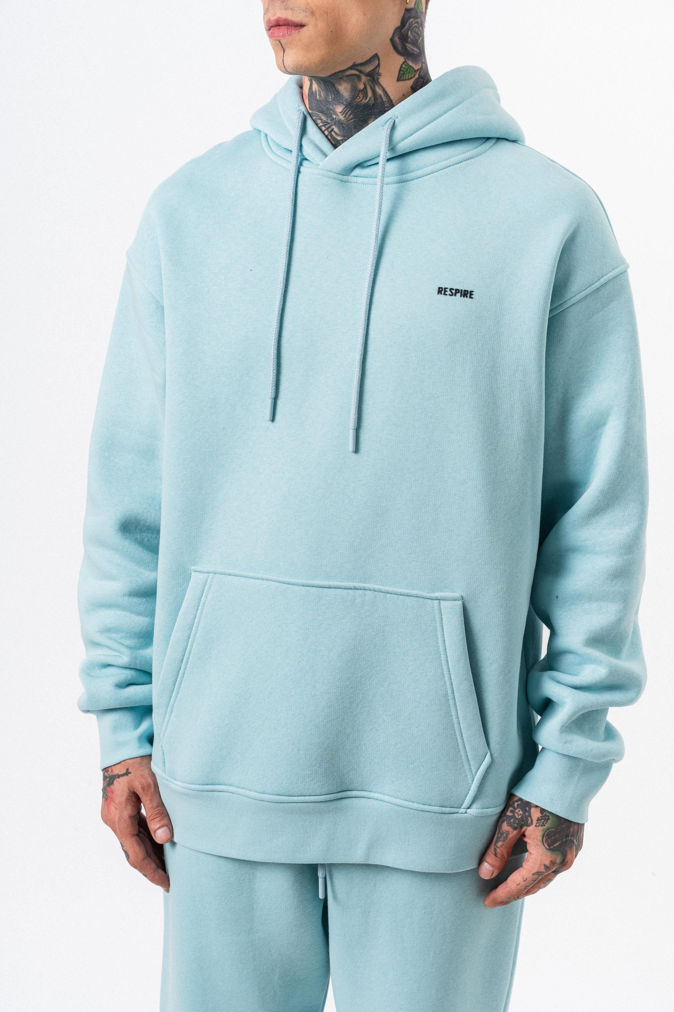 Erkek Respire Yazı Detaylı Kapüşonlu Basic Oversize Hoodie Bebe Mavi
