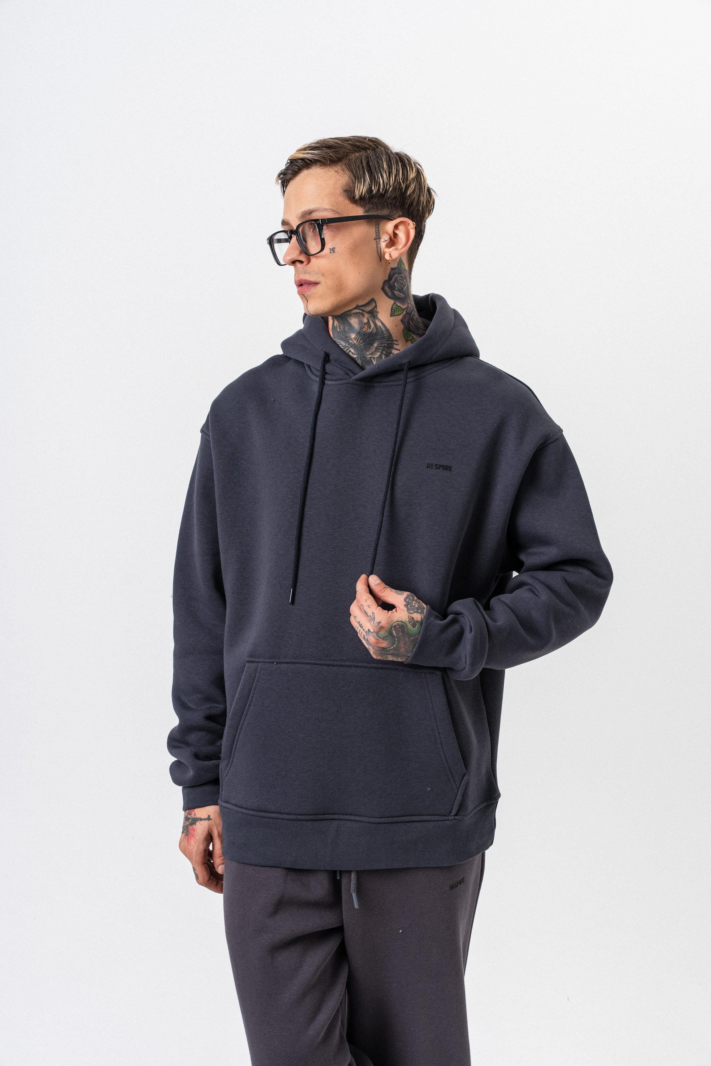 Erkek Respire Yazı Detaylı Kapüşonlu Basic Oversize Hoodie Füme