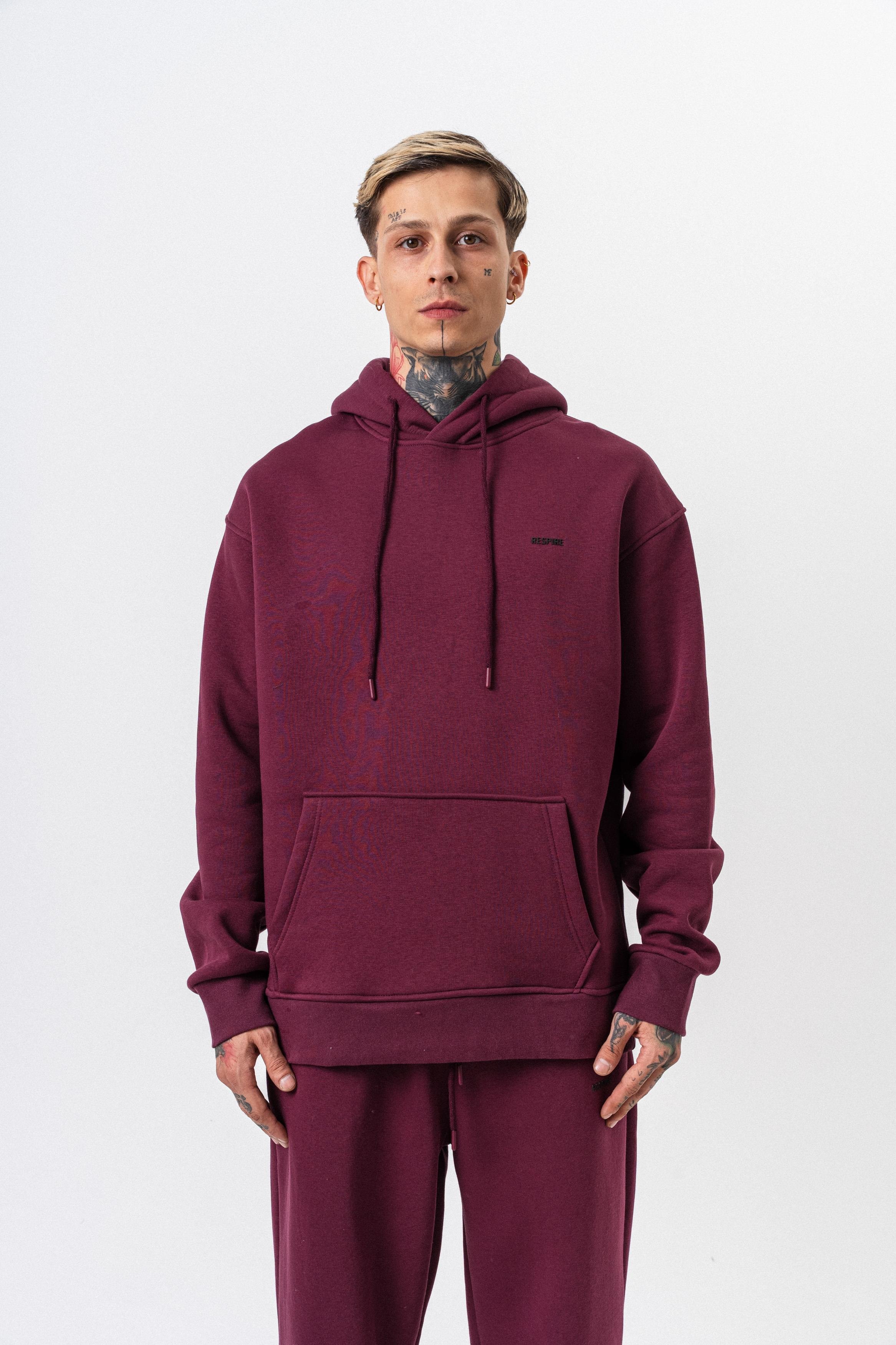 Erkek Respire Yazı Detaylı Kapüşonlu Basic Oversize Hoodie Vişne