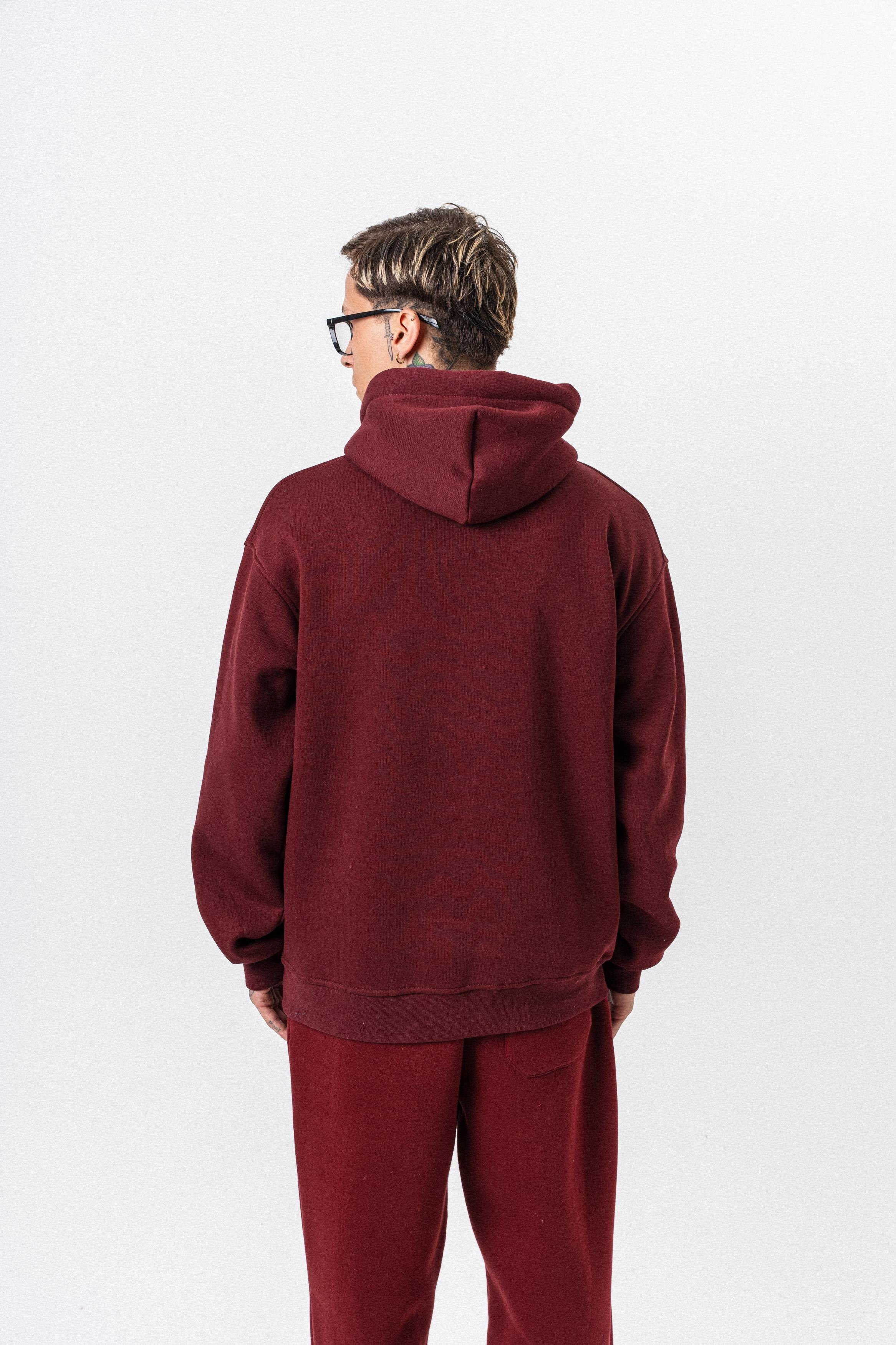 Erkek Respire Yazı Detaylı Kapüşonlu Basic Oversize Hoodie Bordo