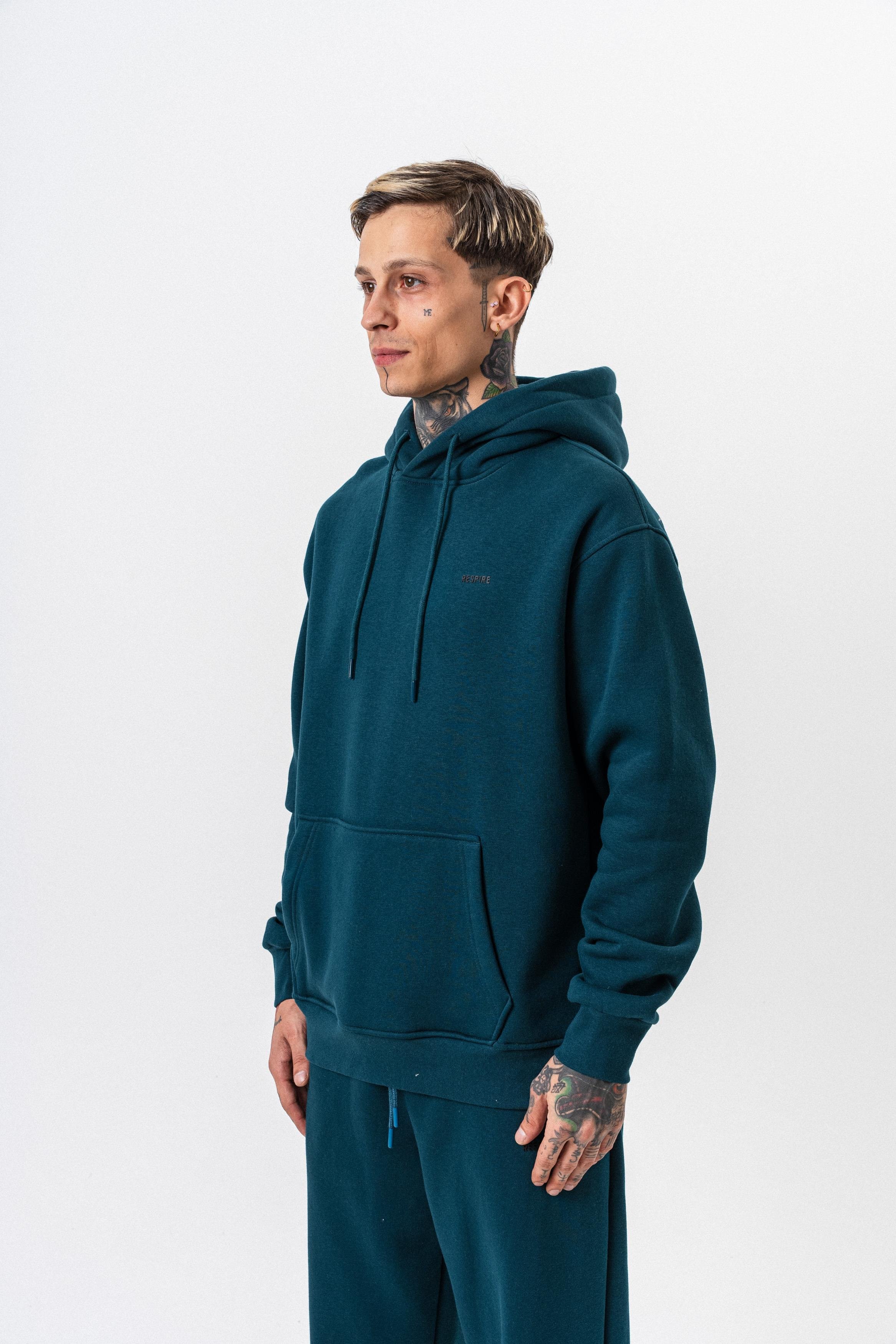 Erkek Respire Yazı Detaylı Kapüşonlu Basic Oversize Hoodie Zümrüt