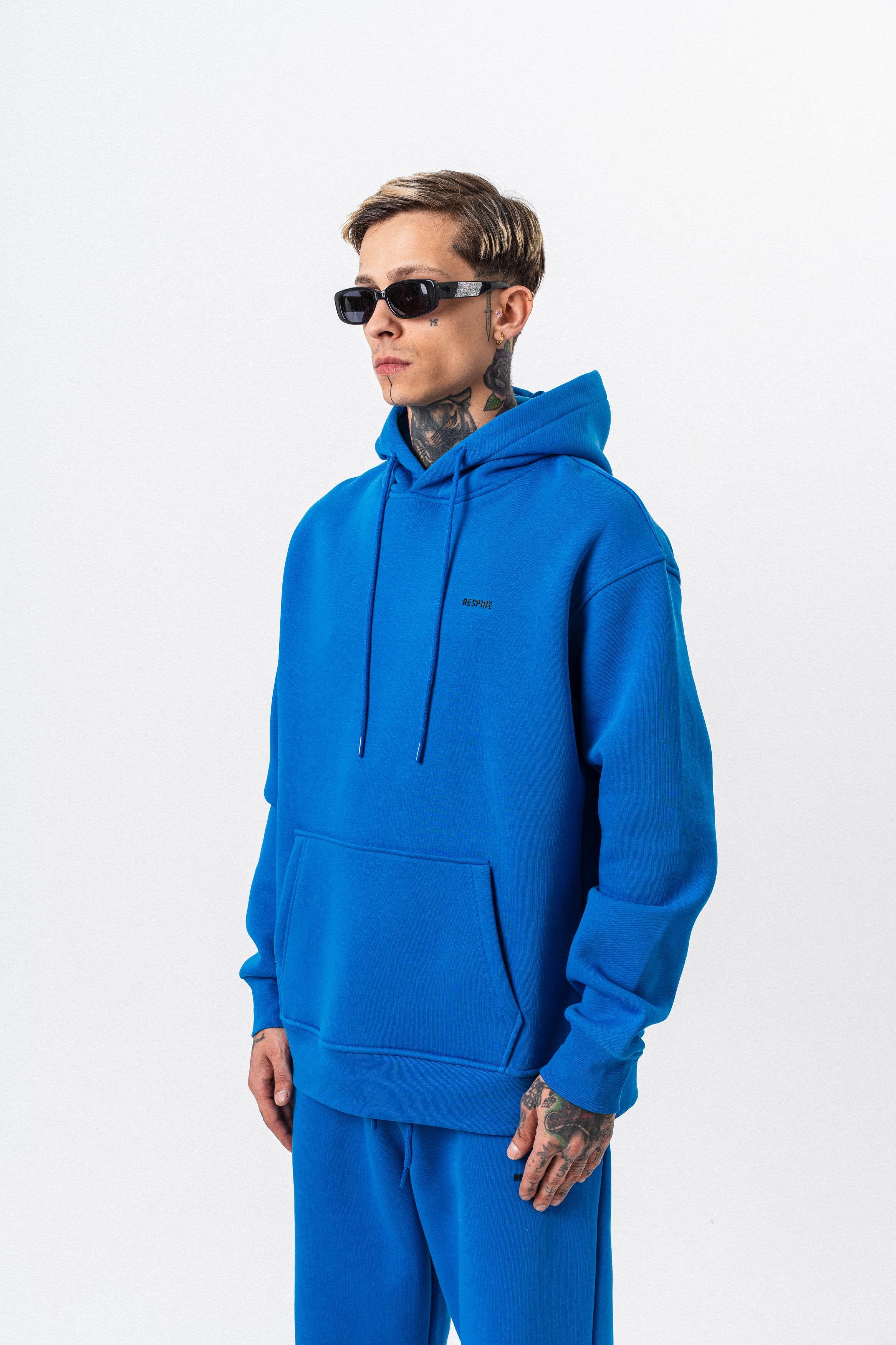 Erkek Respire Yazı Detaylı Kapüşonlu Basic Oversize Hoodie Mavi