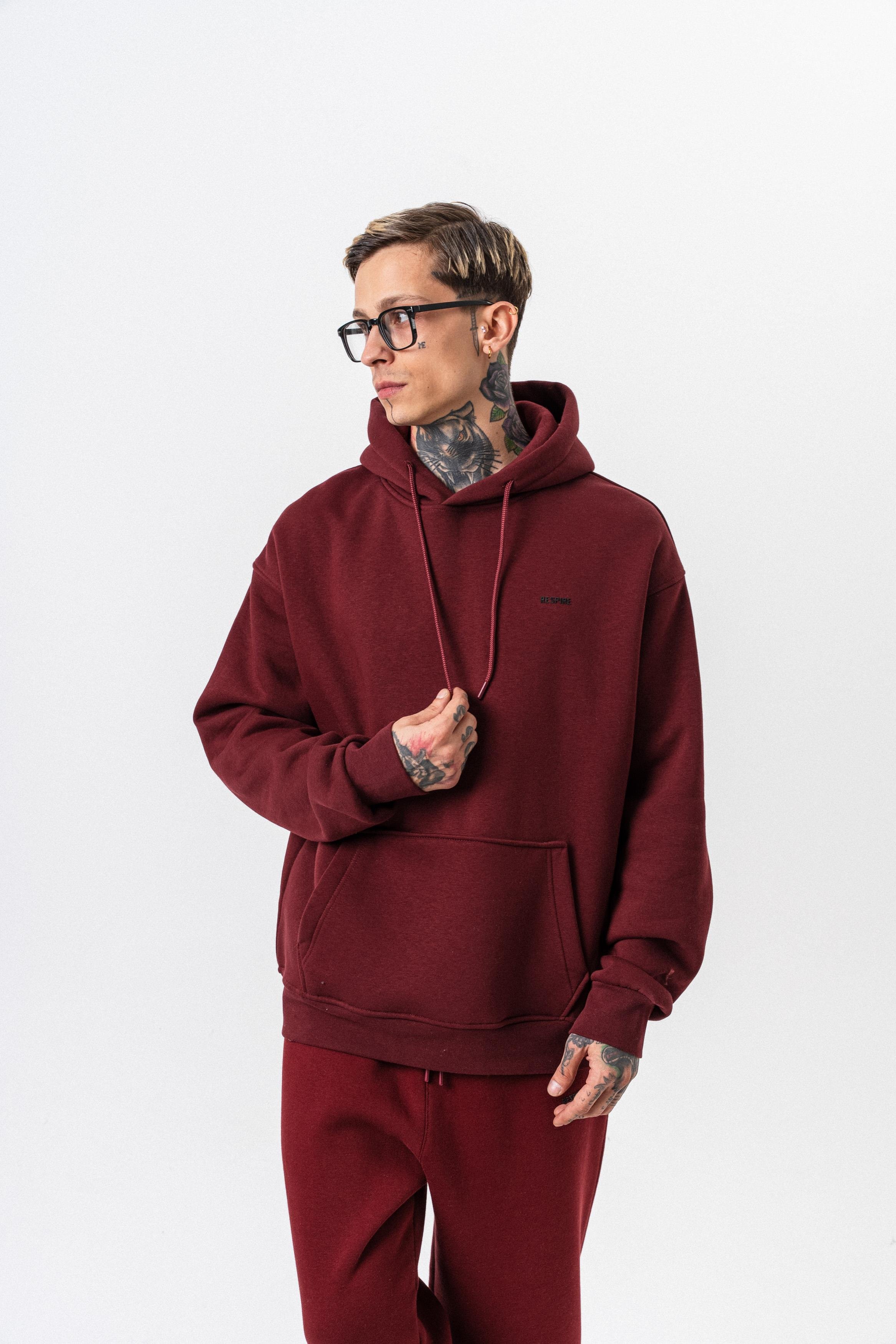 Erkek Respire Yazı Detaylı Kapüşonlu Basic Oversize Hoodie Bordo