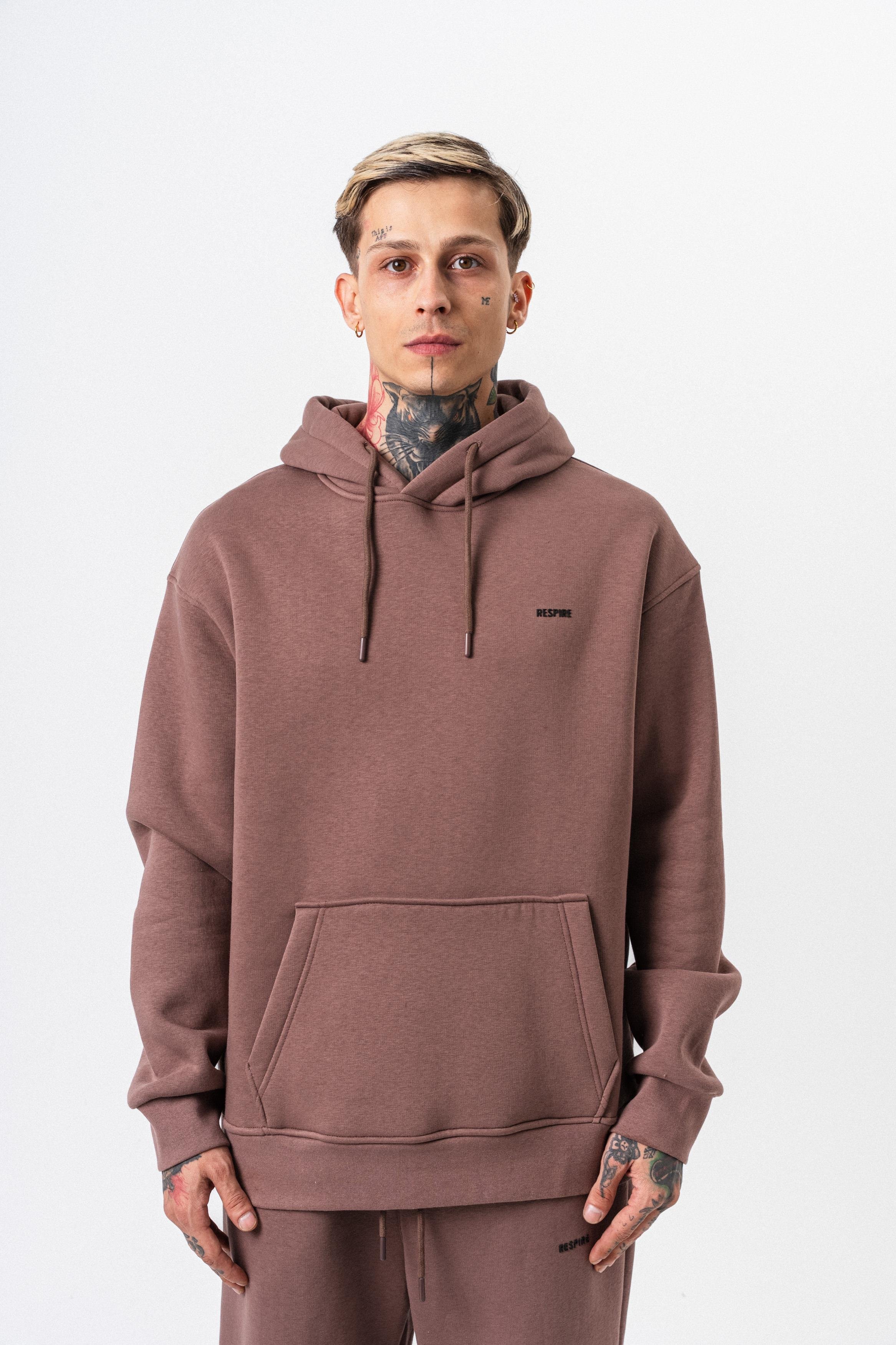 Erkek Respire Yazı Detaylı Kapüşonlu Basic Oversize Hoodie Kakao