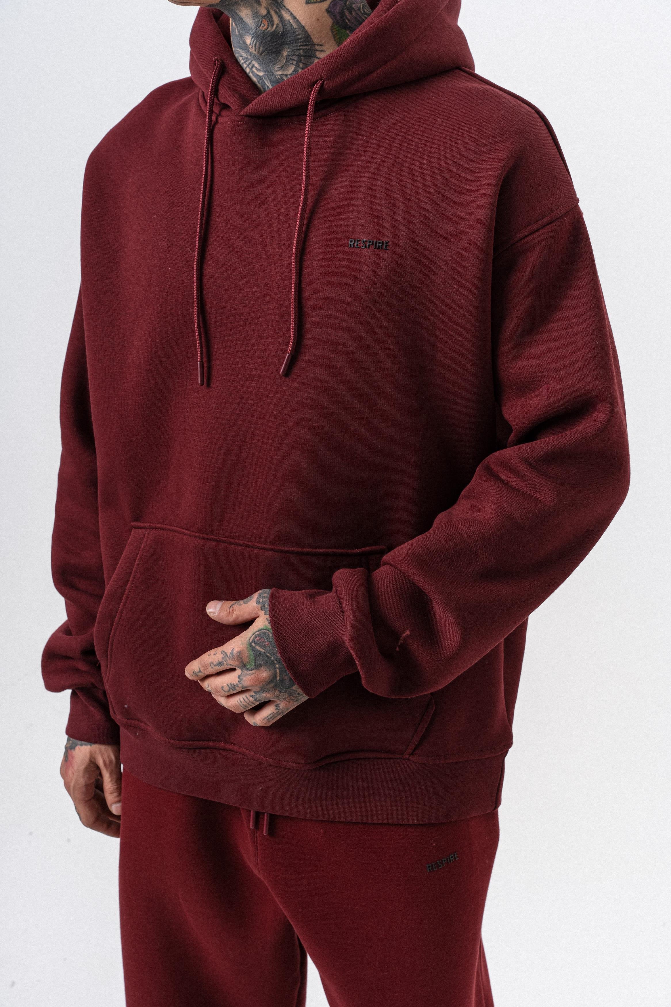 Erkek Respire Yazı Detaylı Kapüşonlu Basic Oversize Hoodie Bordo