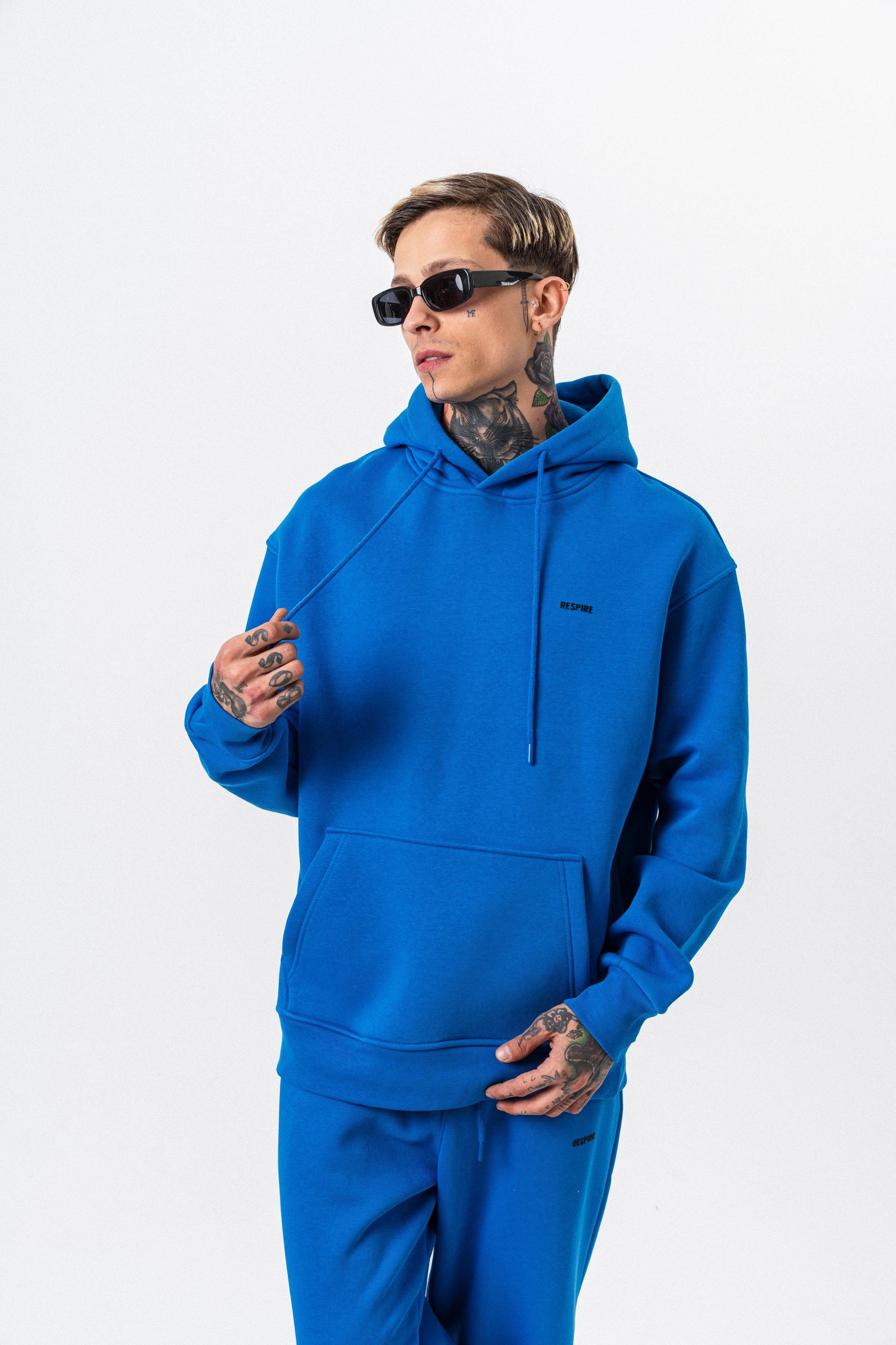 Erkek Respire Yazı Detaylı Kapüşonlu Basic Oversize Hoodie Mavi