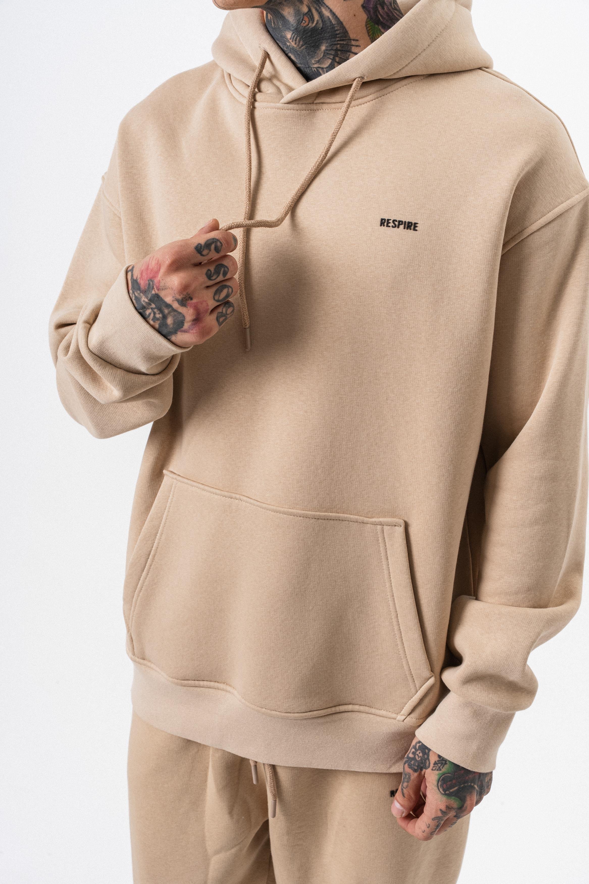 Erkek Respire Yazı Detaylı Kapüşonlu Basic Oversize Hoodie Bej