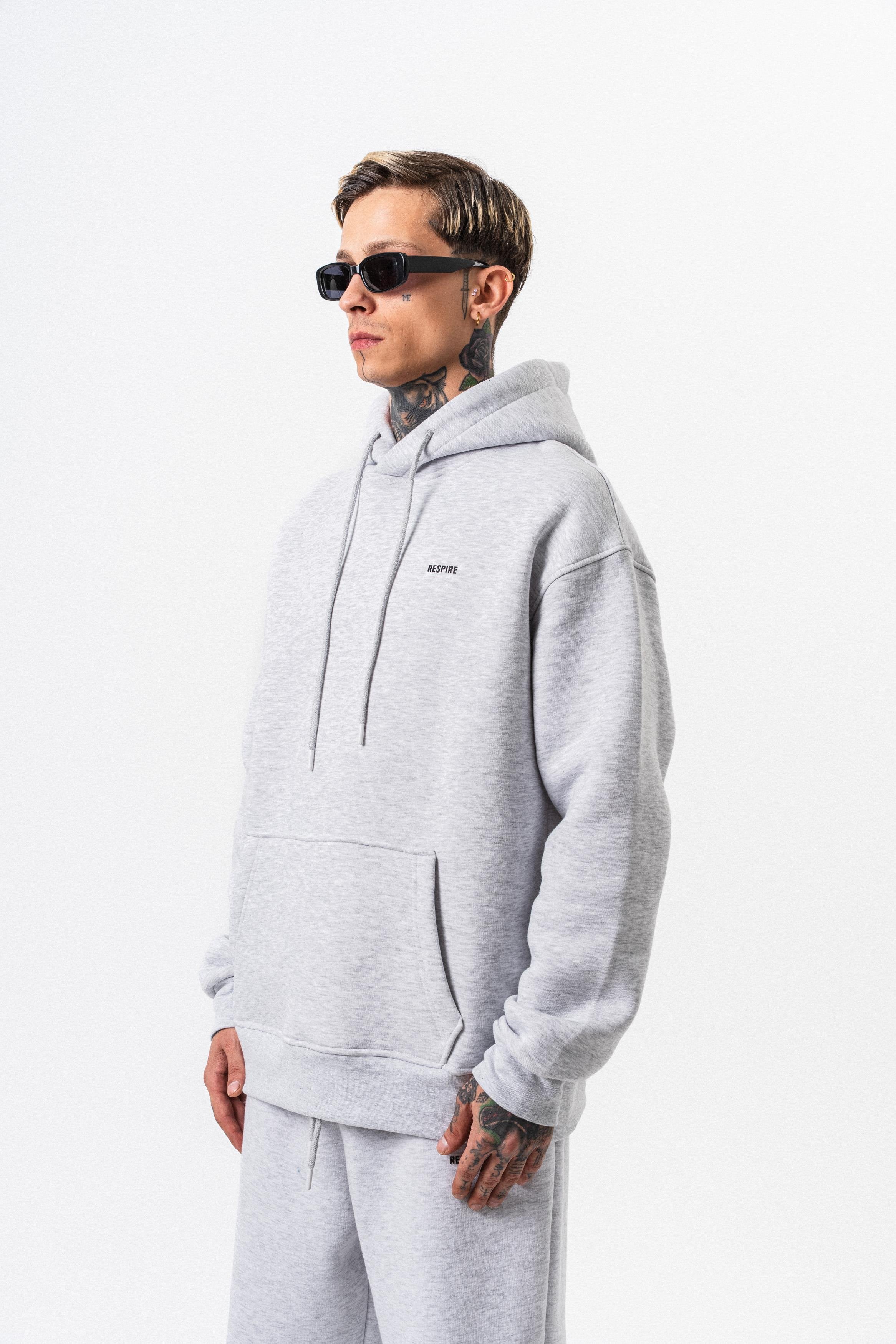 Erkek Respire Yazı Detaylı Kapüşonlu Basic Oversize Hoodie Kar Melanj