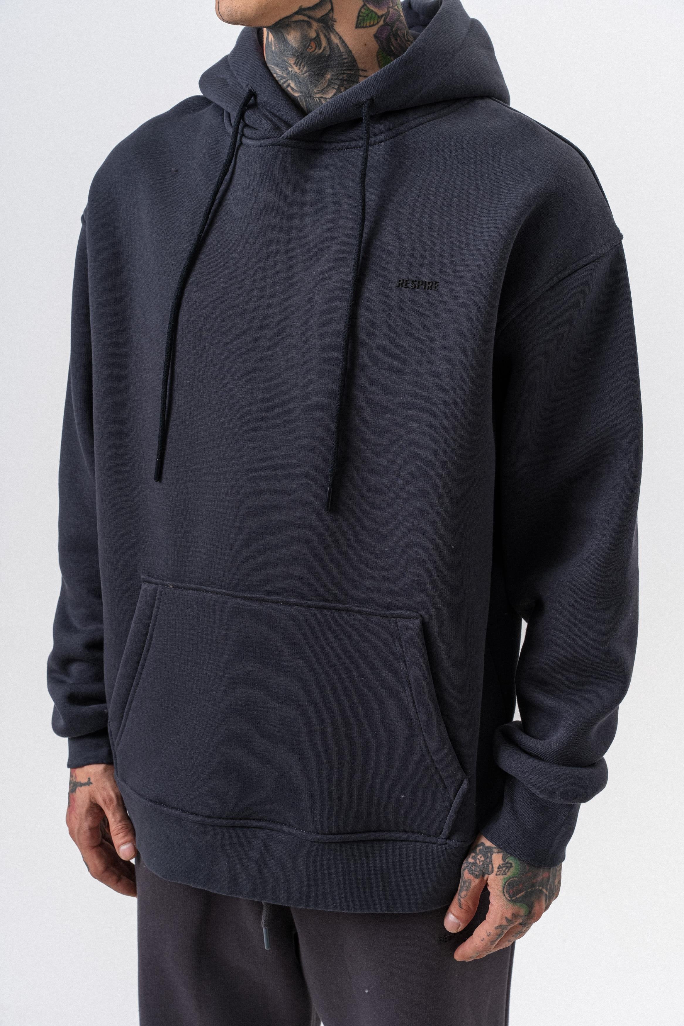 Erkek Respire Yazı Detaylı Kapüşonlu Basic Oversize Hoodie Füme