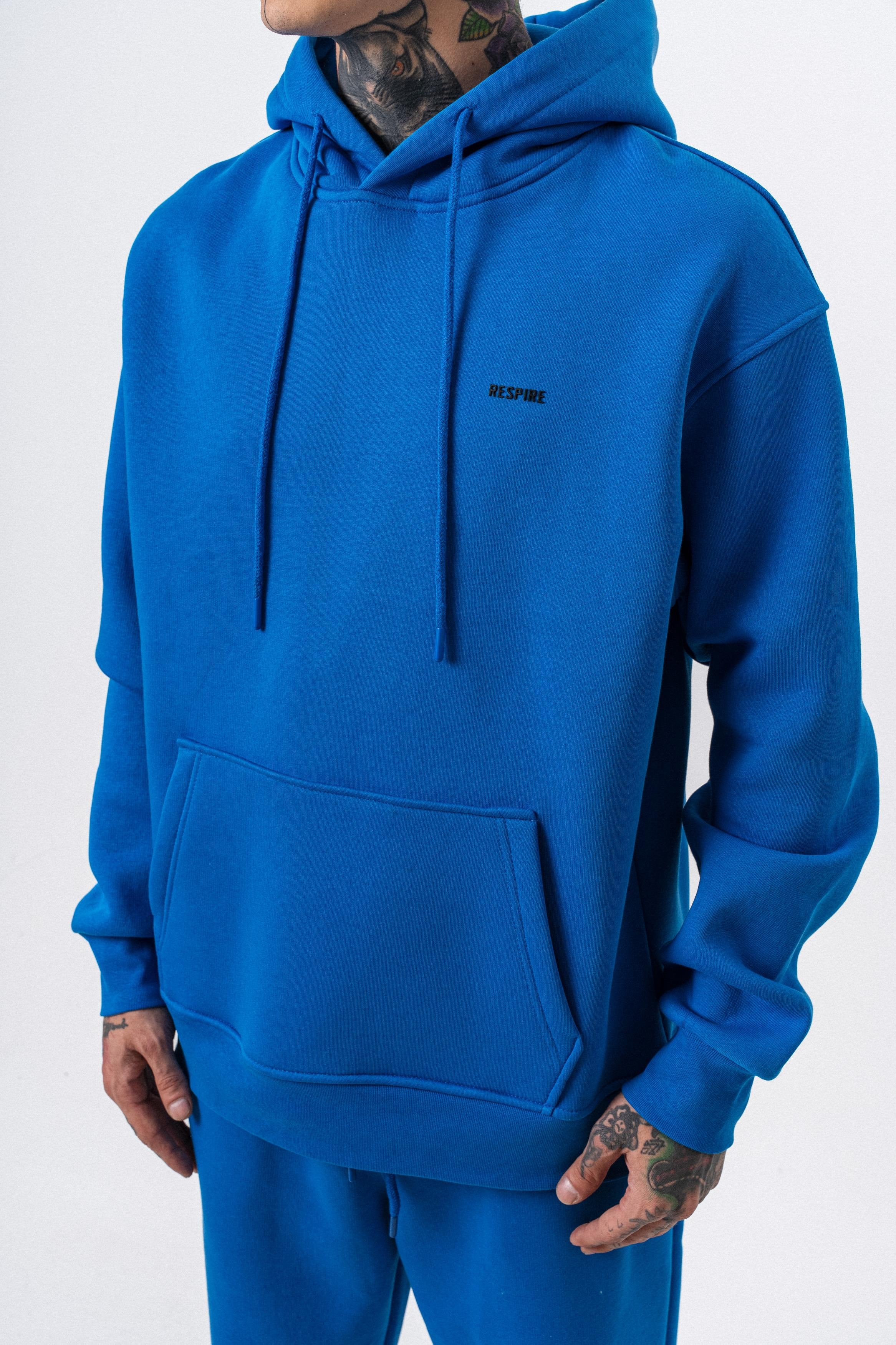 Erkek Respire Yazı Detaylı Kapüşonlu Basic Oversize Hoodie Mavi
