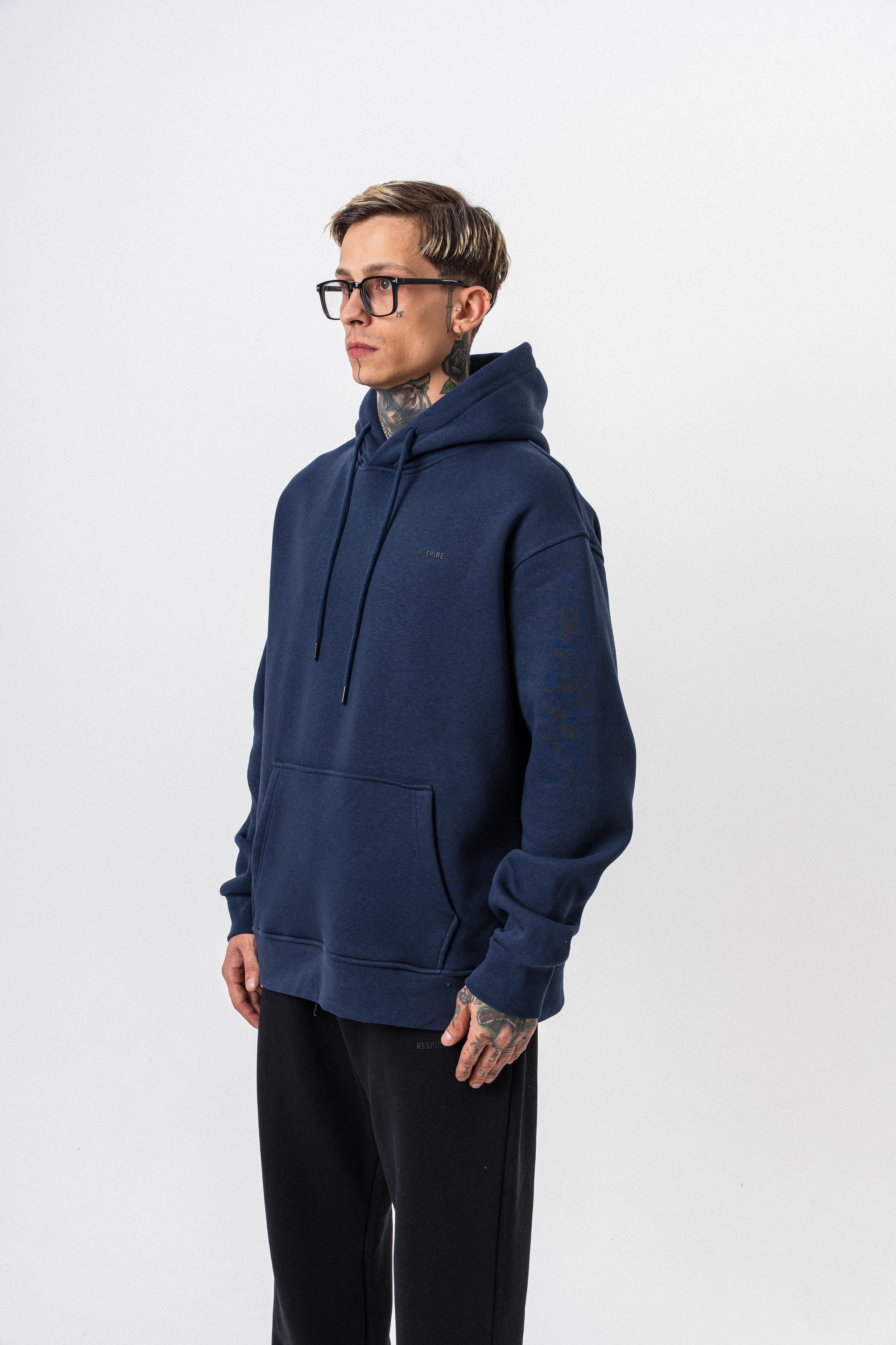 Erkek Respire Yazı Detaylı Kapüşonlu Basic Oversize Hoodie Lacivert