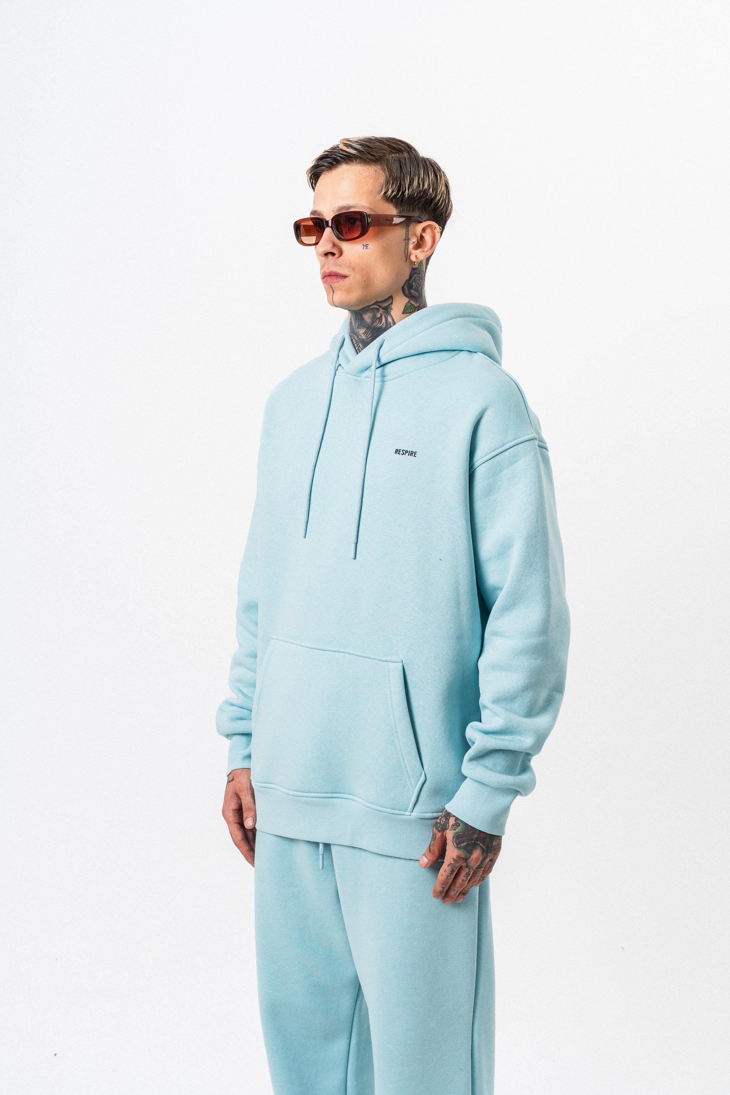 Erkek Respire Yazı Detaylı Kapüşonlu Basic Oversize Hoodie Bebe Mavi