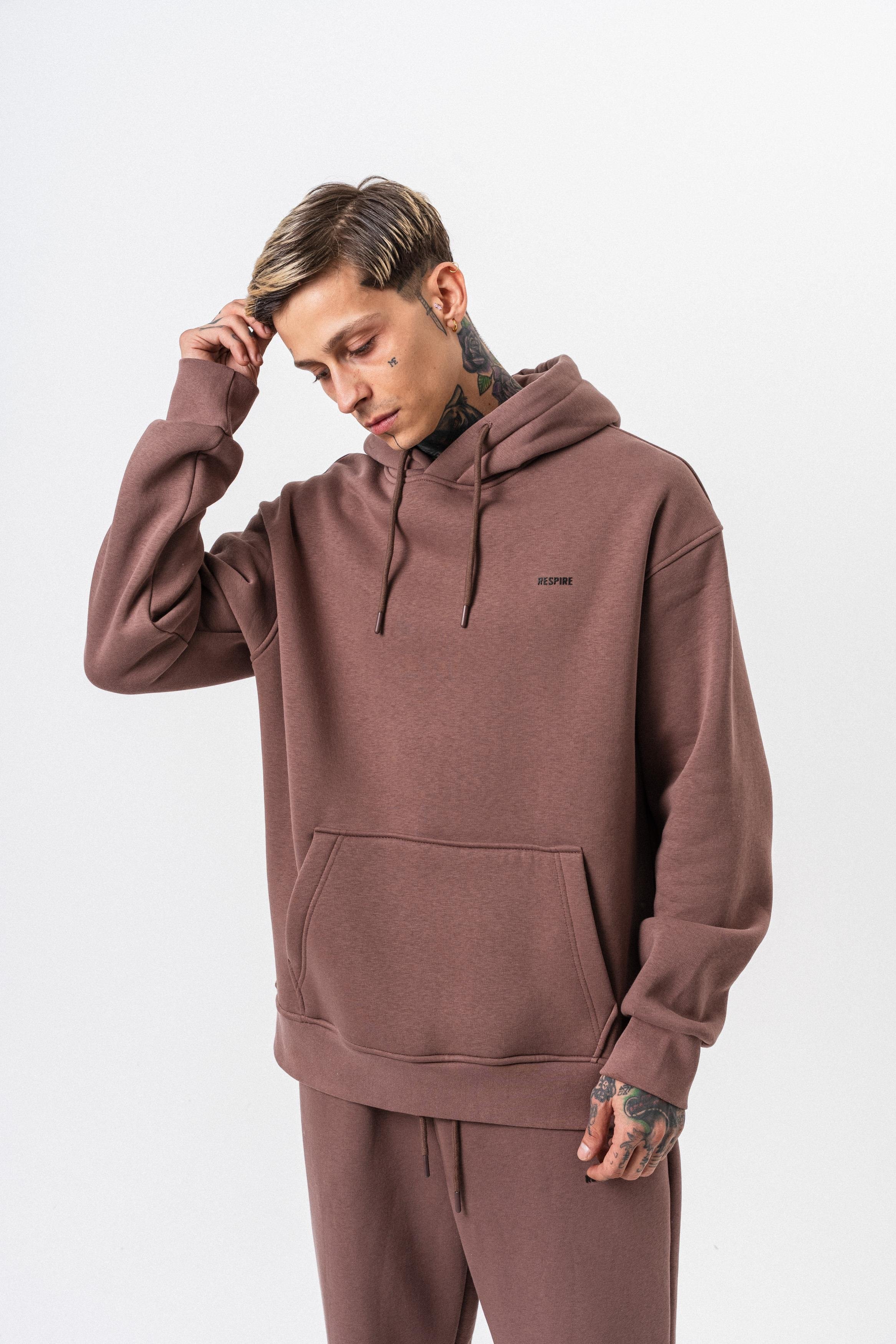 Erkek Respire Yazı Detaylı Kapüşonlu Basic Oversize Hoodie Kakao