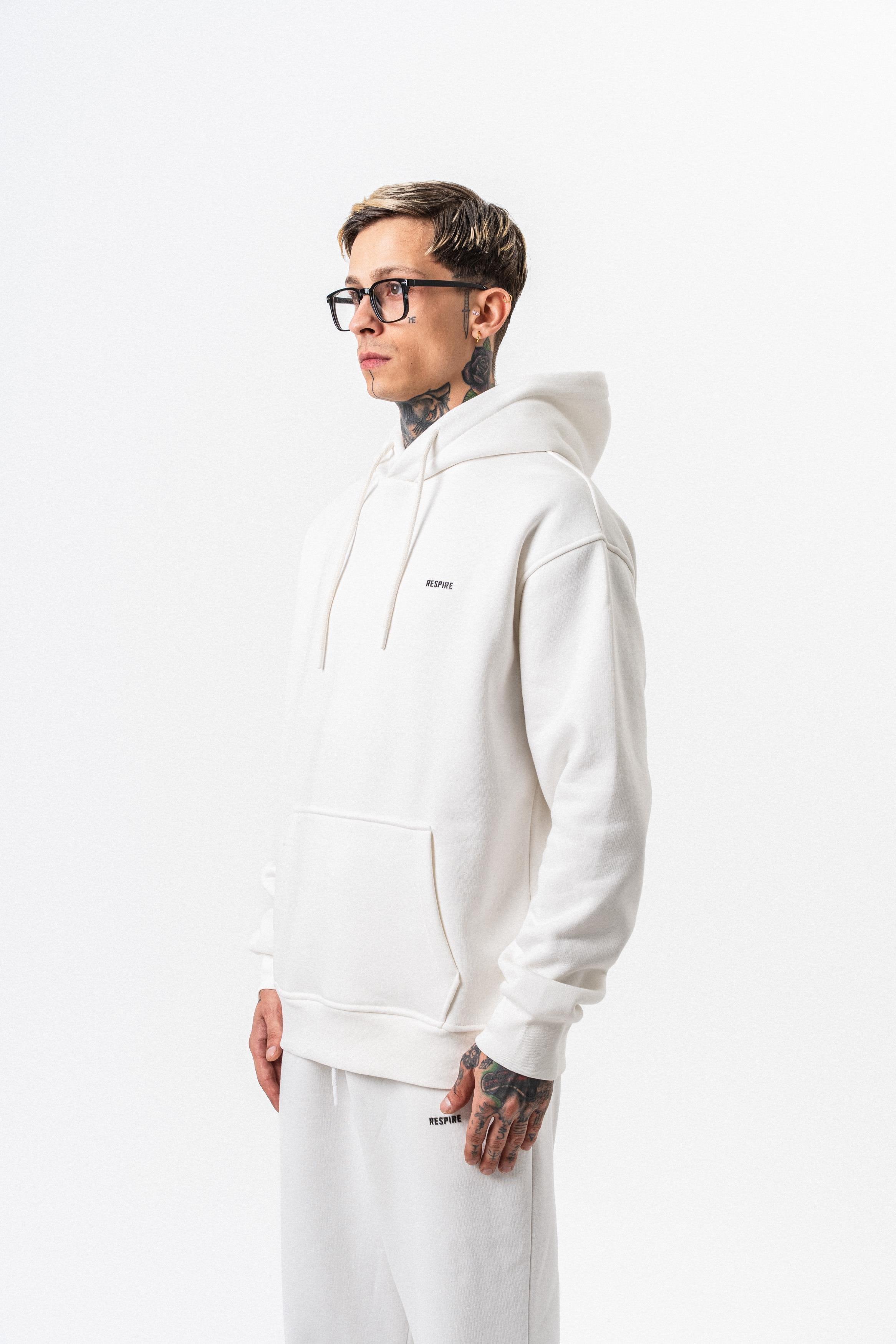 Erkek Respire Yazı Detaylı Kapüşonlu Basic Oversize Hoodie Ekru