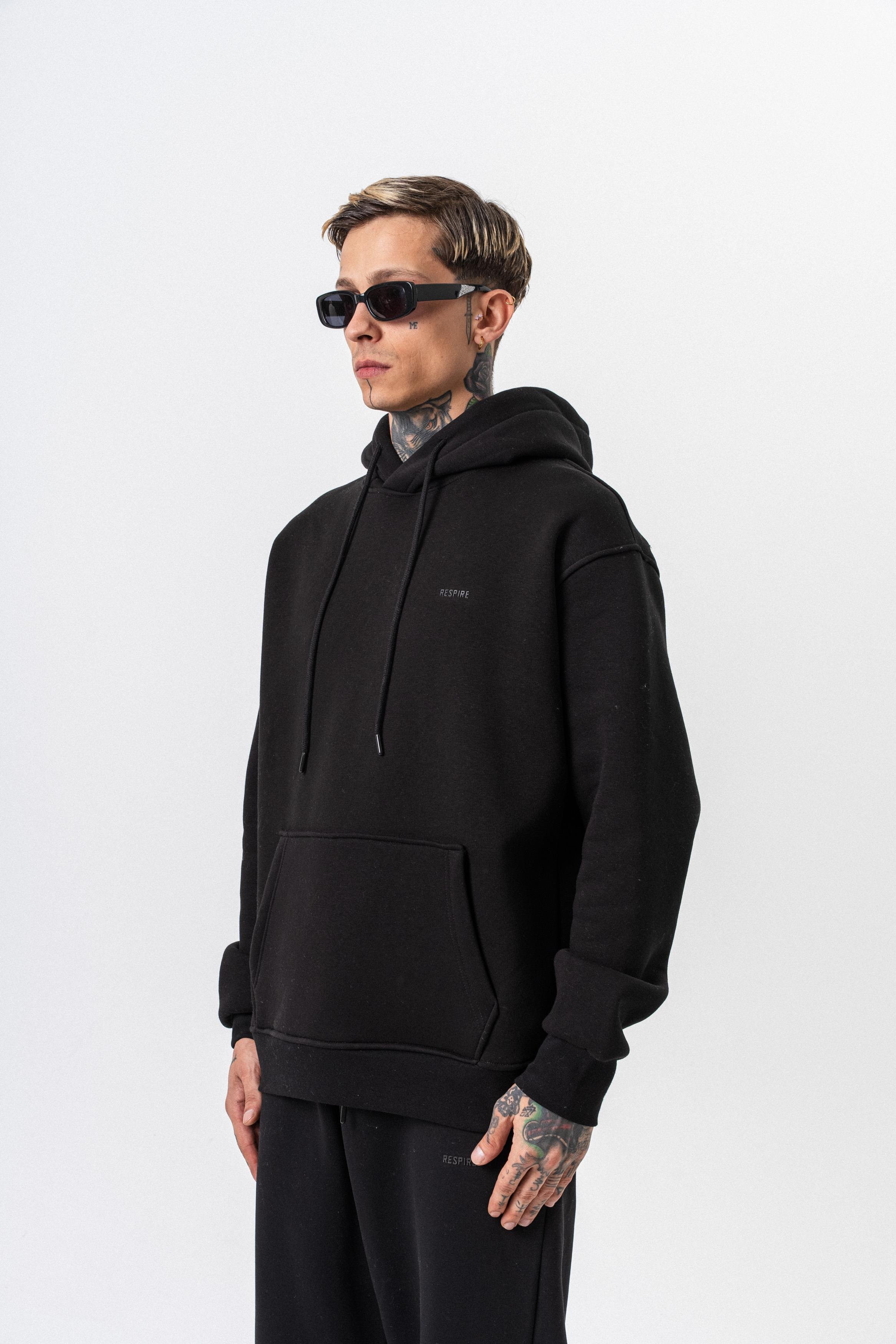 Erkek Respire Yazı Detaylı Kapüşonlu Basic Oversize Hoodie Siyah