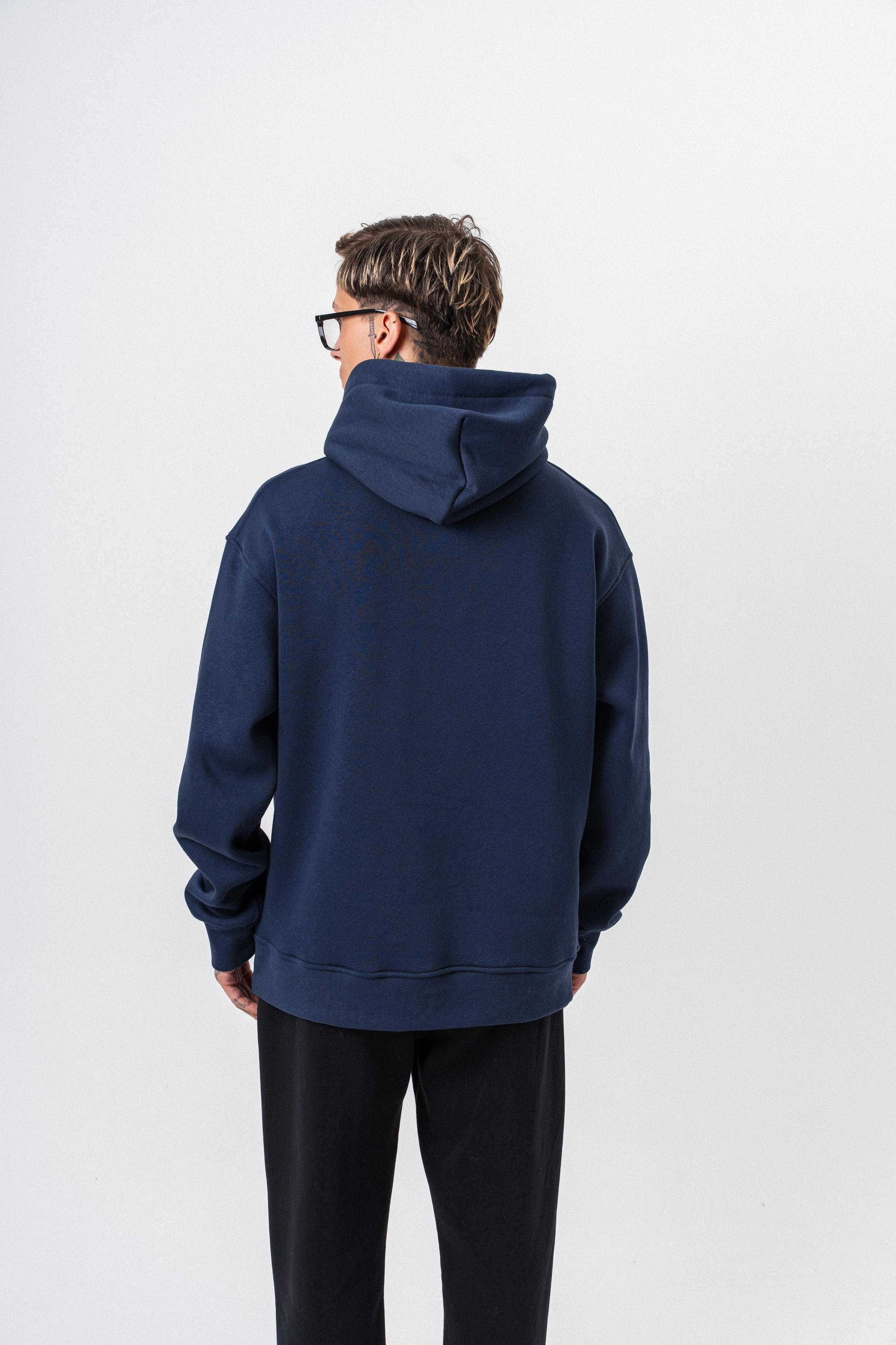 Erkek Respire Yazı Detaylı Kapüşonlu Basic Oversize Hoodie Lacivert