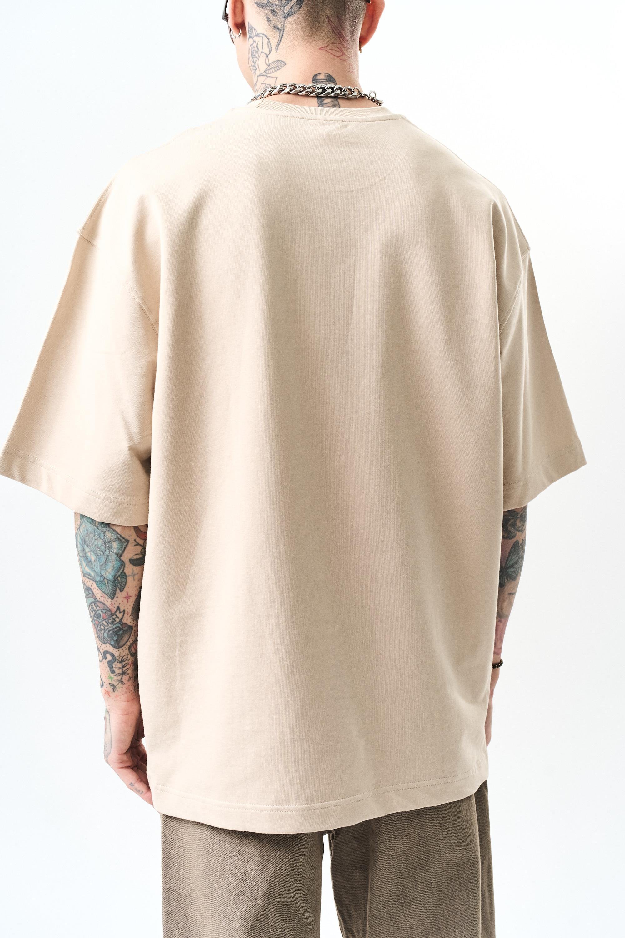 Erkek Respire Yazı Detaylı Oversize T-Shirt Bej