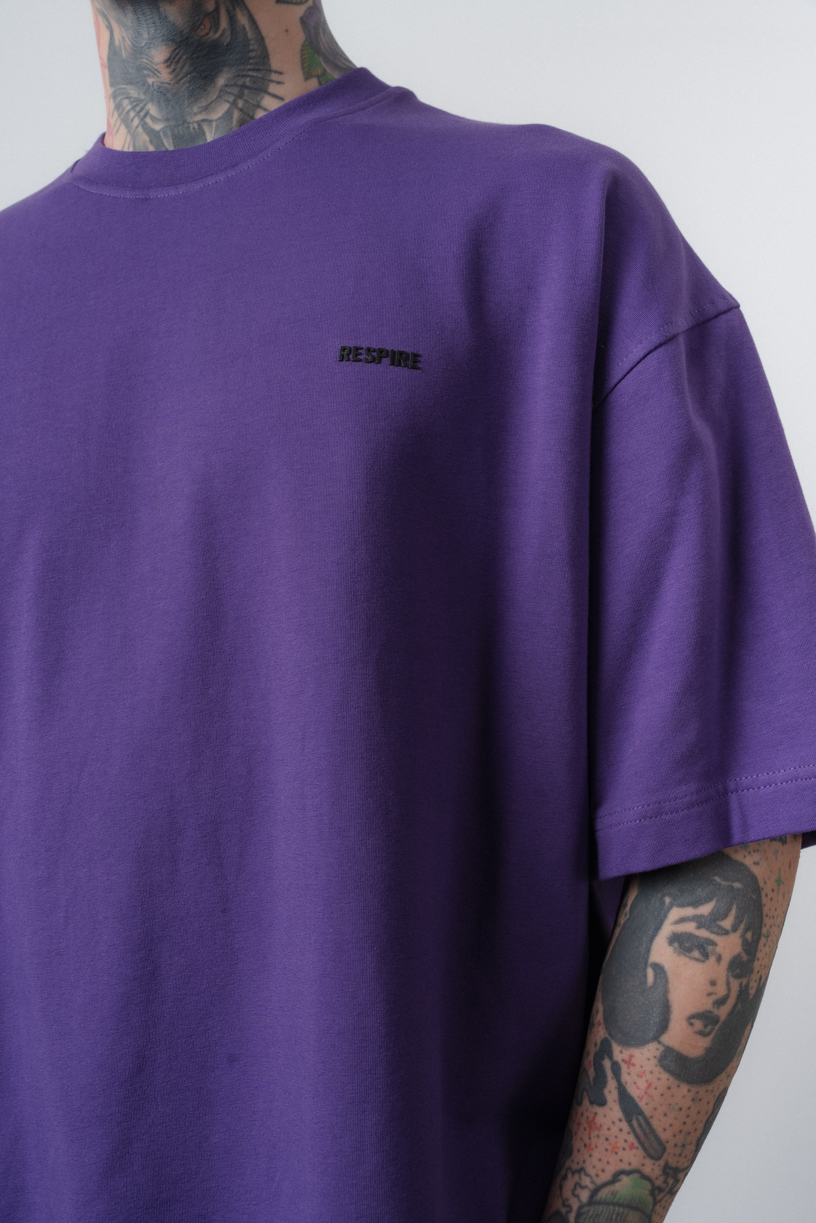 Erkek Respire Yazı Detaylı Oversize T-Shirt Mor