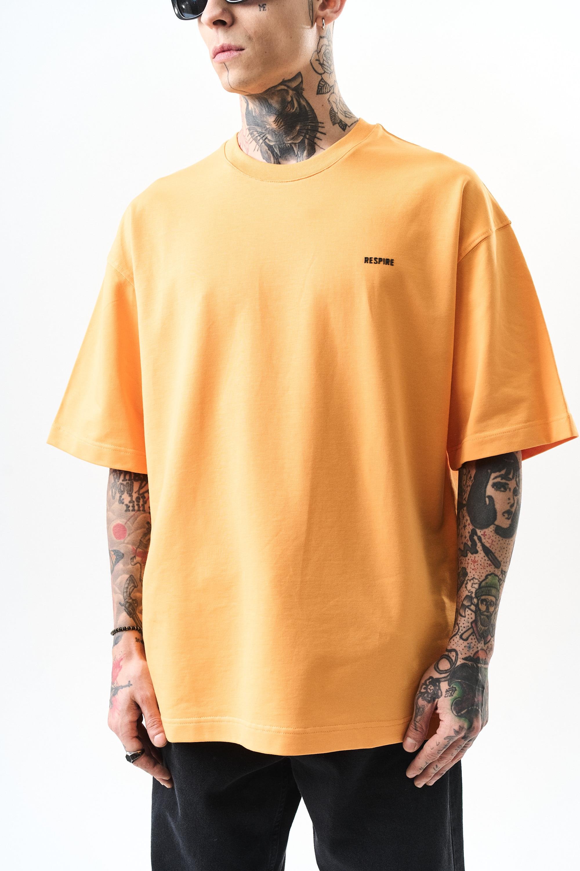 Erkek Respire Yazı Detaylı Oversize T-Shirt Oranj