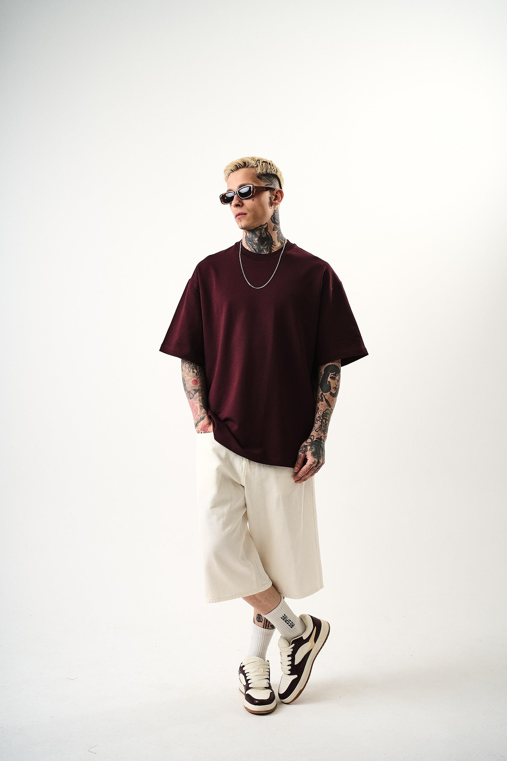 Erkek Respire Yazı Detaylı Oversize T-Shirt Bordo