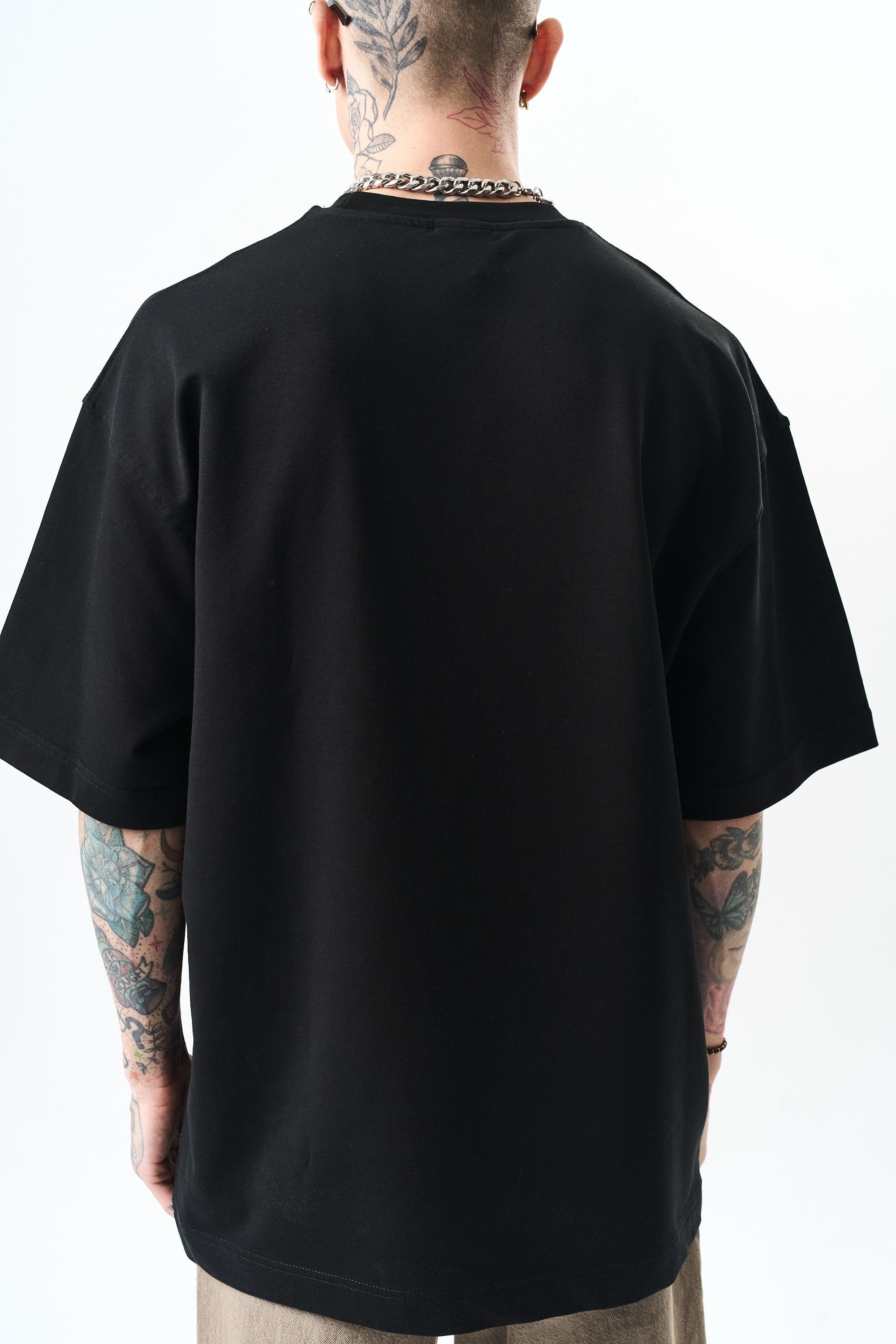 Erkek Respire Yazı Detaylı Oversize T-Shirt Siyah