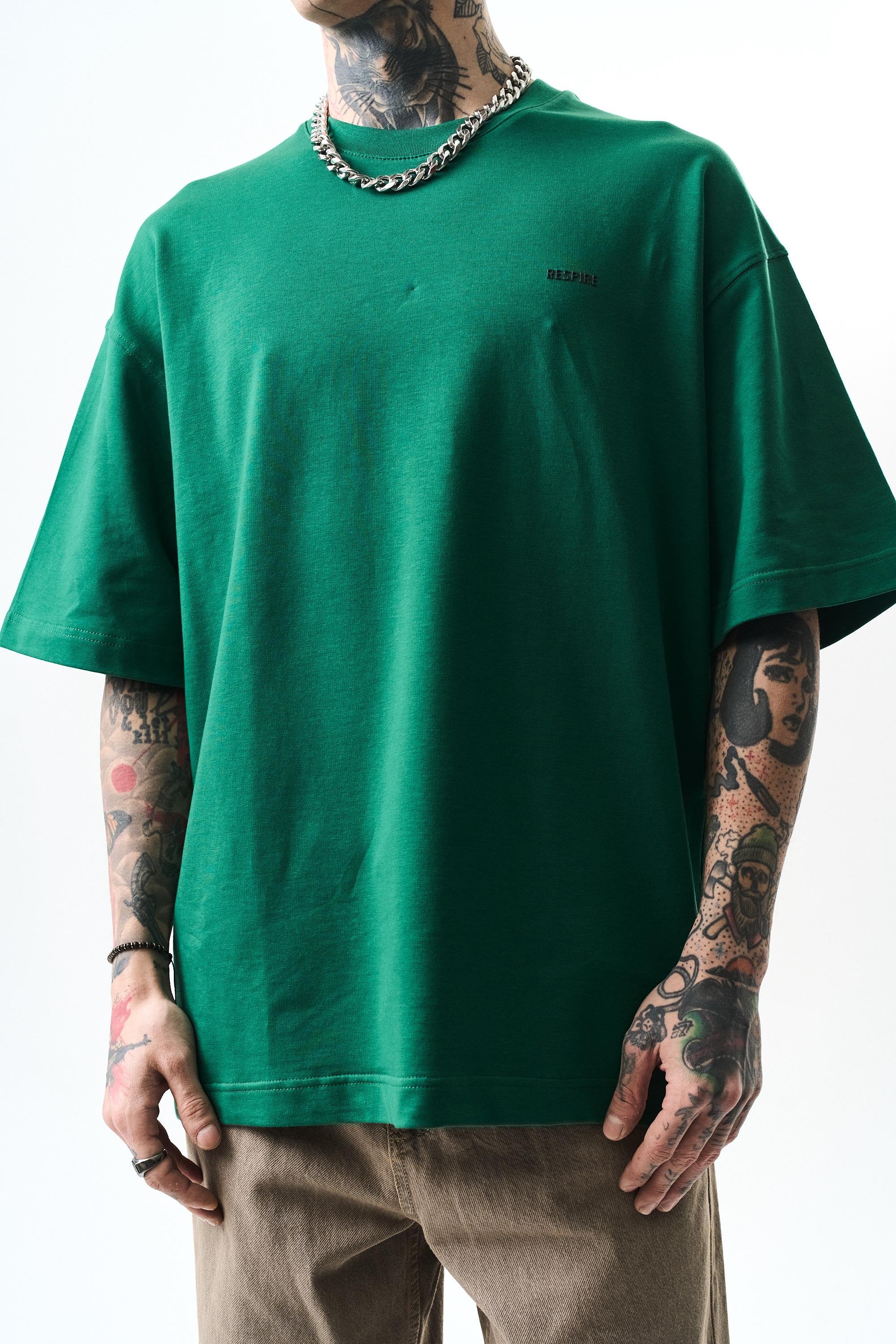 Erkek Respire Yazı Detaylı Oversize T-Shirt Nefti
