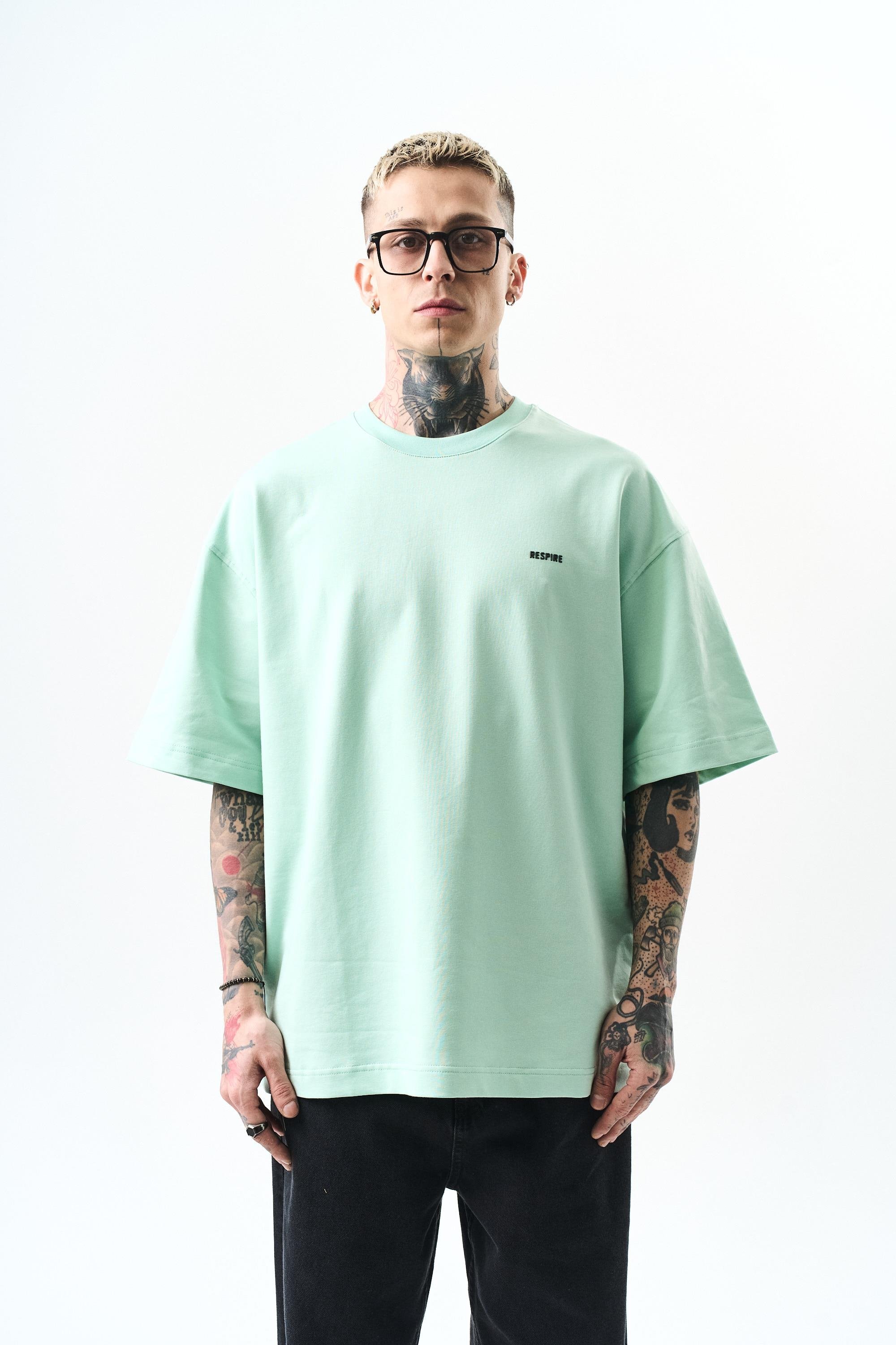 Erkek Respire Yazı Detaylı Oversize T-Shirt Su Yeşili