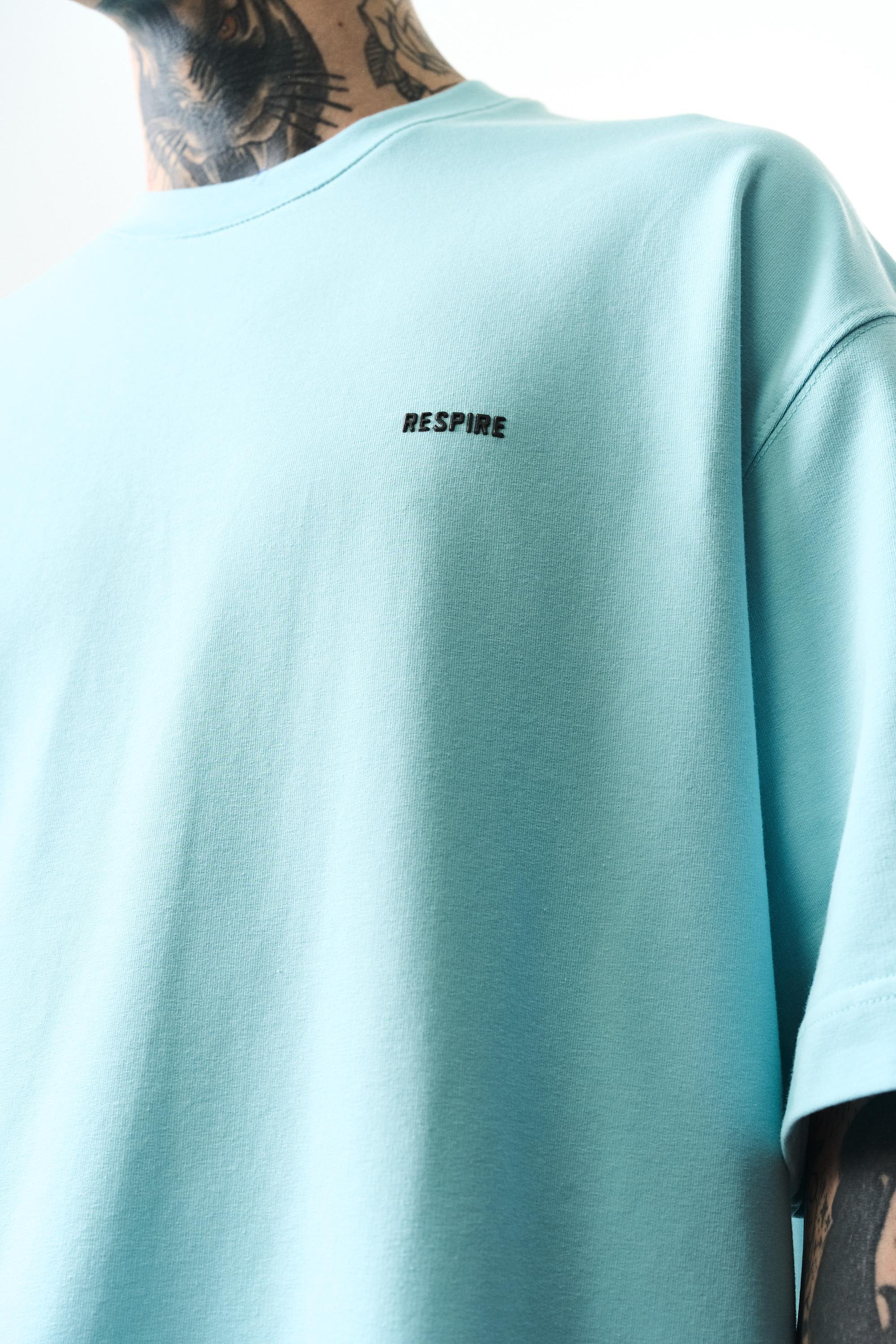 Erkek Respire Yazı Detaylı Oversize T-Shirt Bebe Mavi