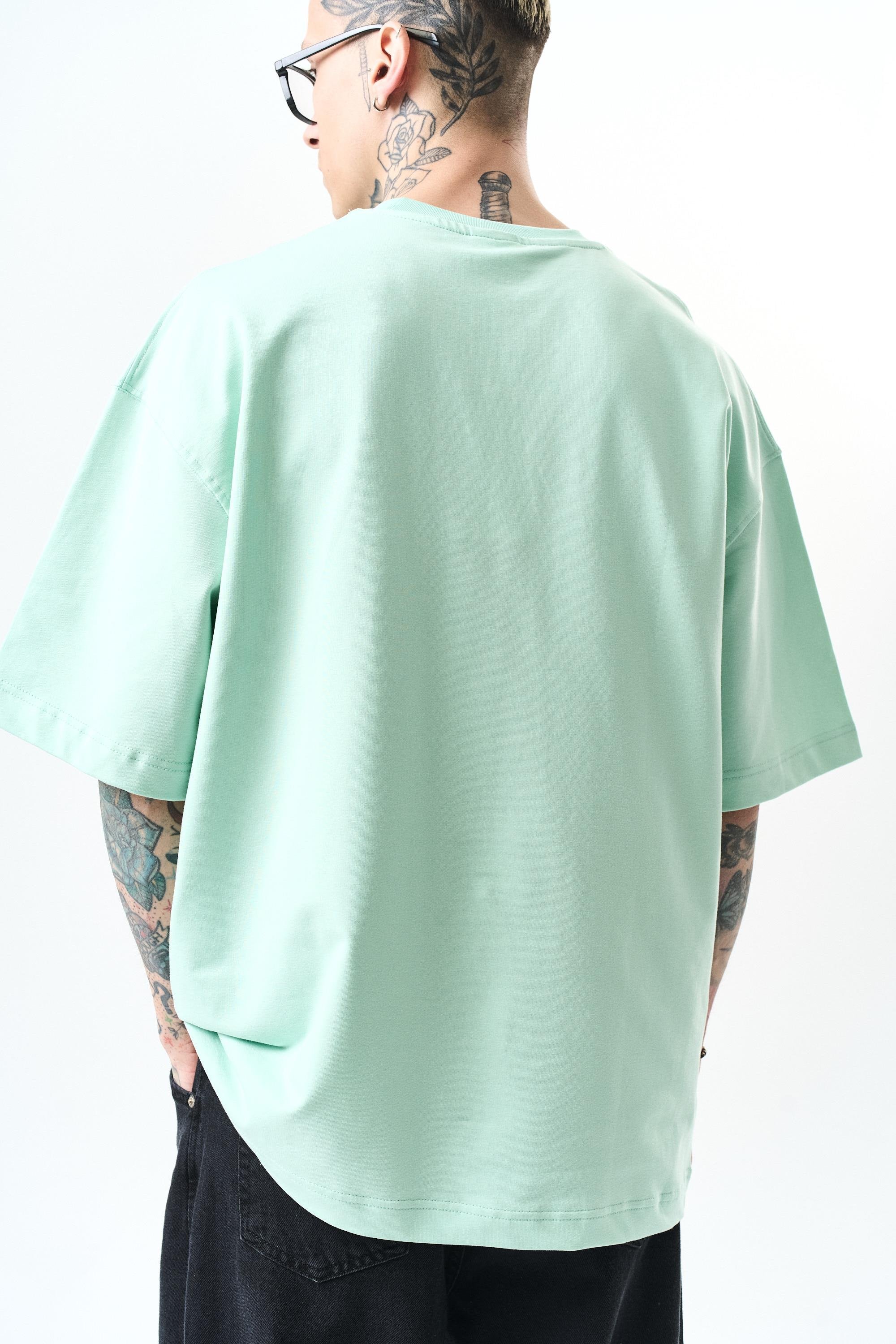 Erkek Respire Yazı Detaylı Oversize T-Shirt Su Yeşili