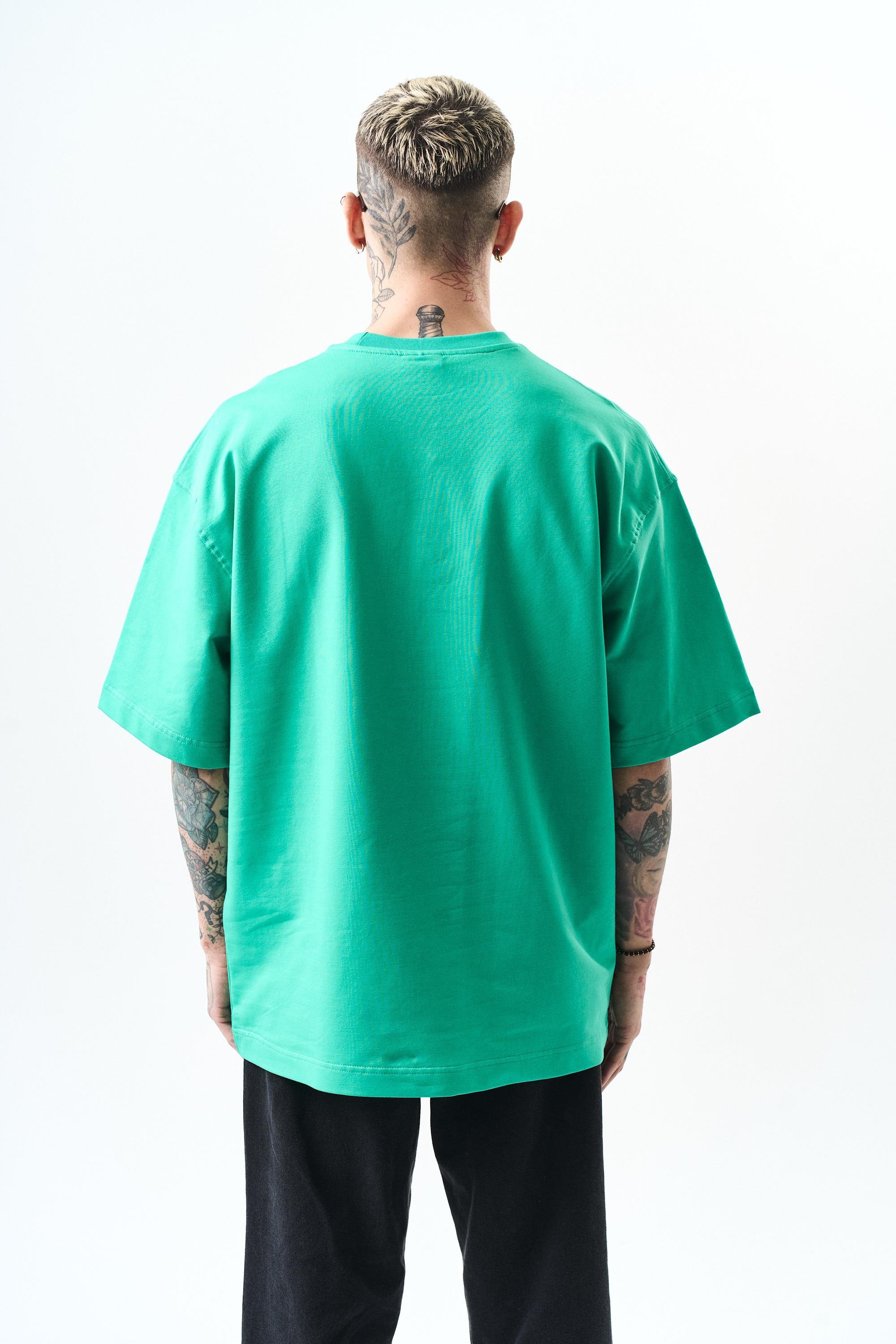 Erkek Respire Yazı Detaylı Oversize T-Shirt Yeşil
