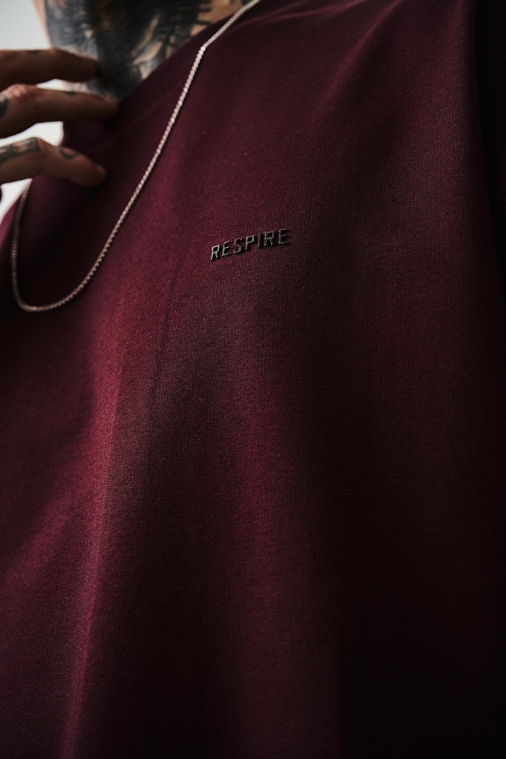 Erkek Respire Yazı Detaylı Oversize T-Shirt Bordo