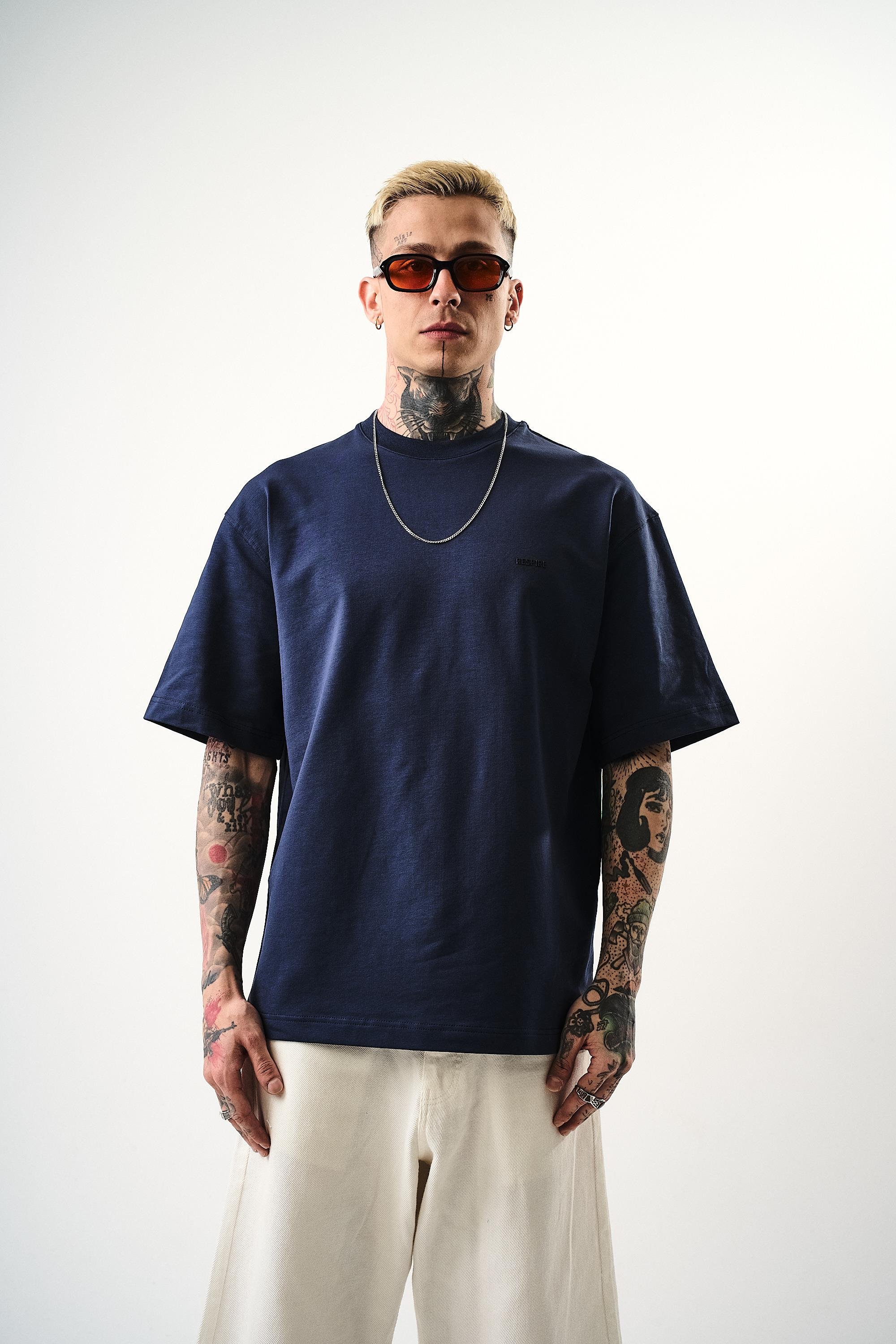 Erkek Respire Yazı Detaylı Oversize T-Shirt İndigo