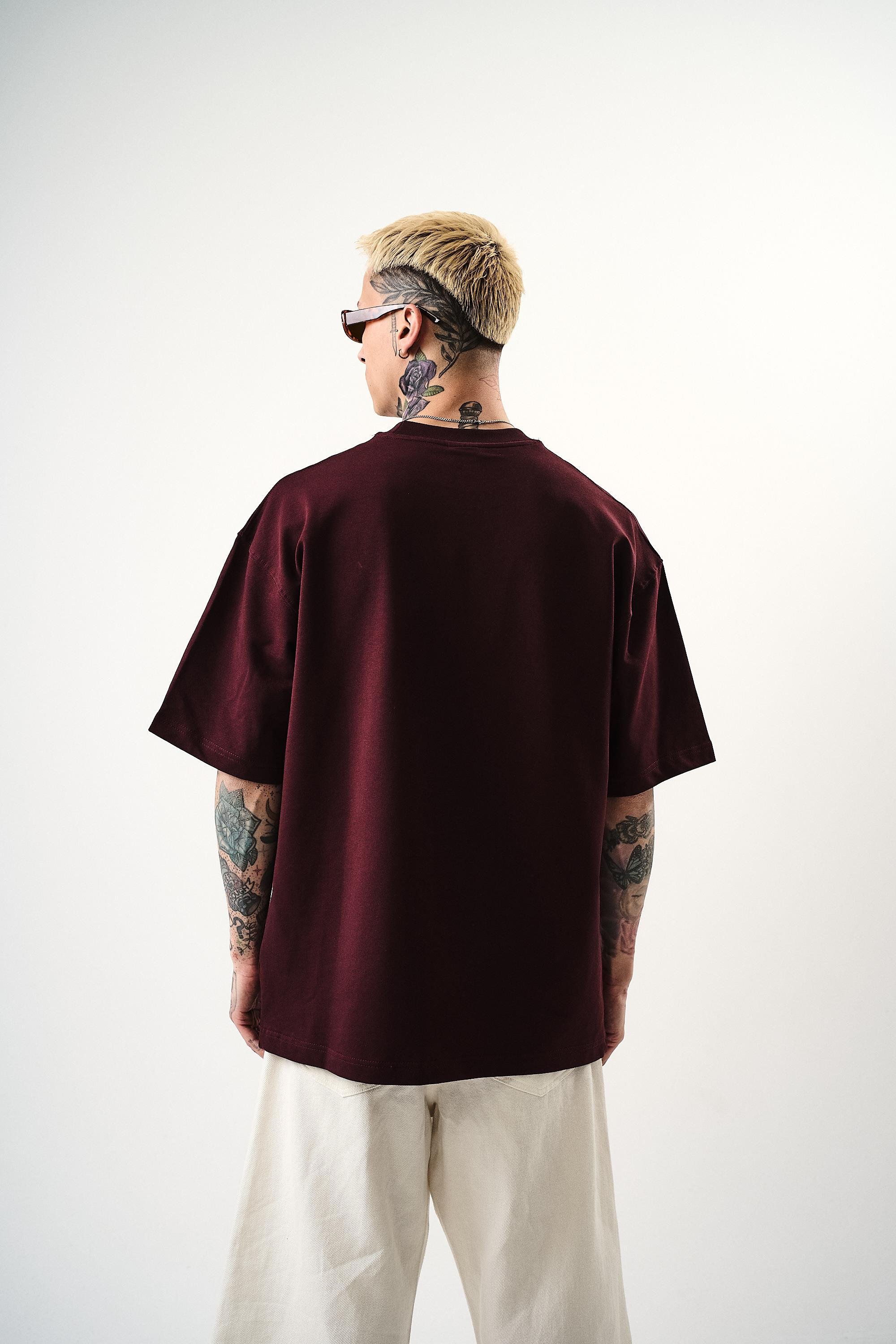 Erkek Respire Yazı Detaylı Oversize T-Shirt Bordo