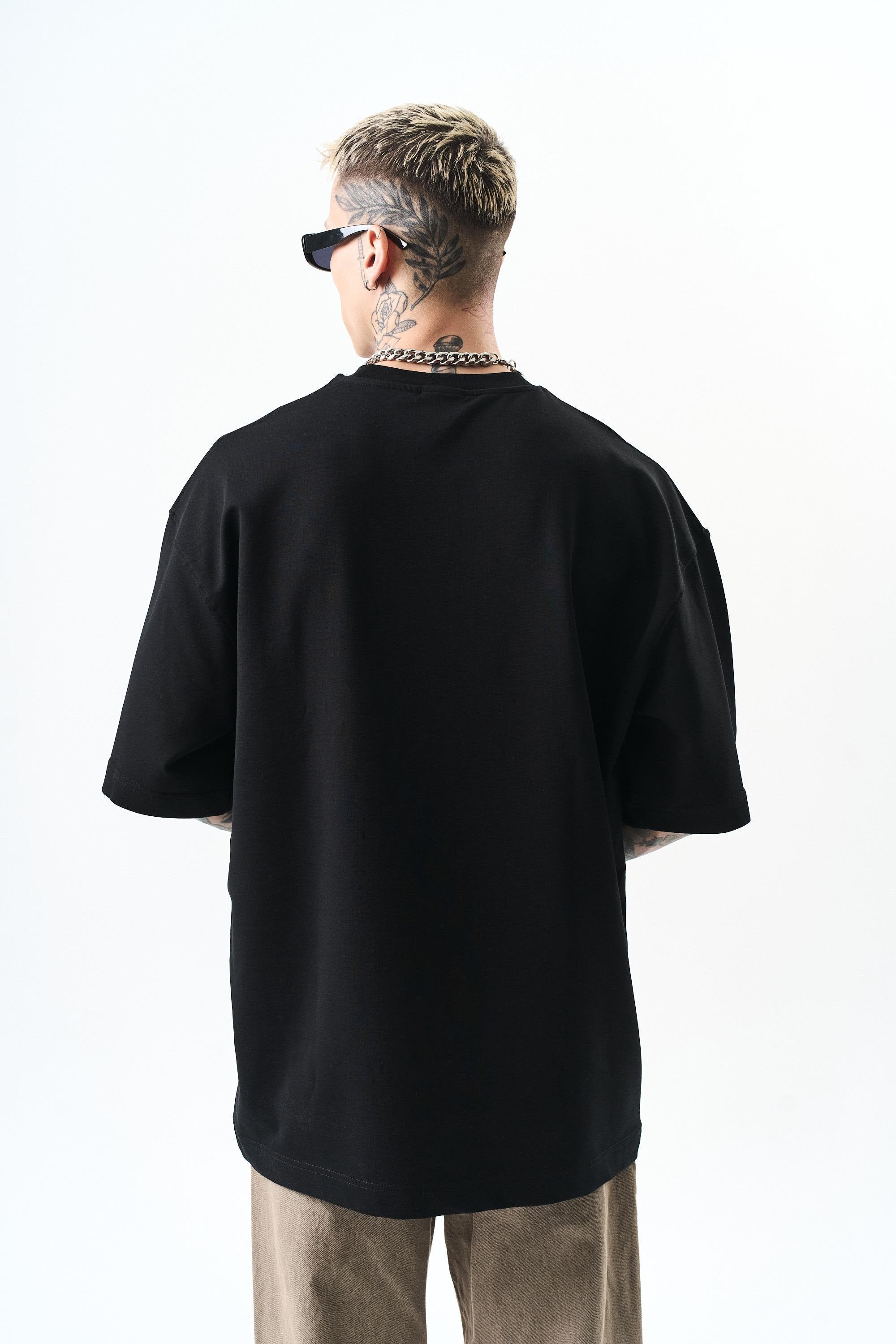 Erkek Respire Yazı Detaylı Oversize T-Shirt Siyah