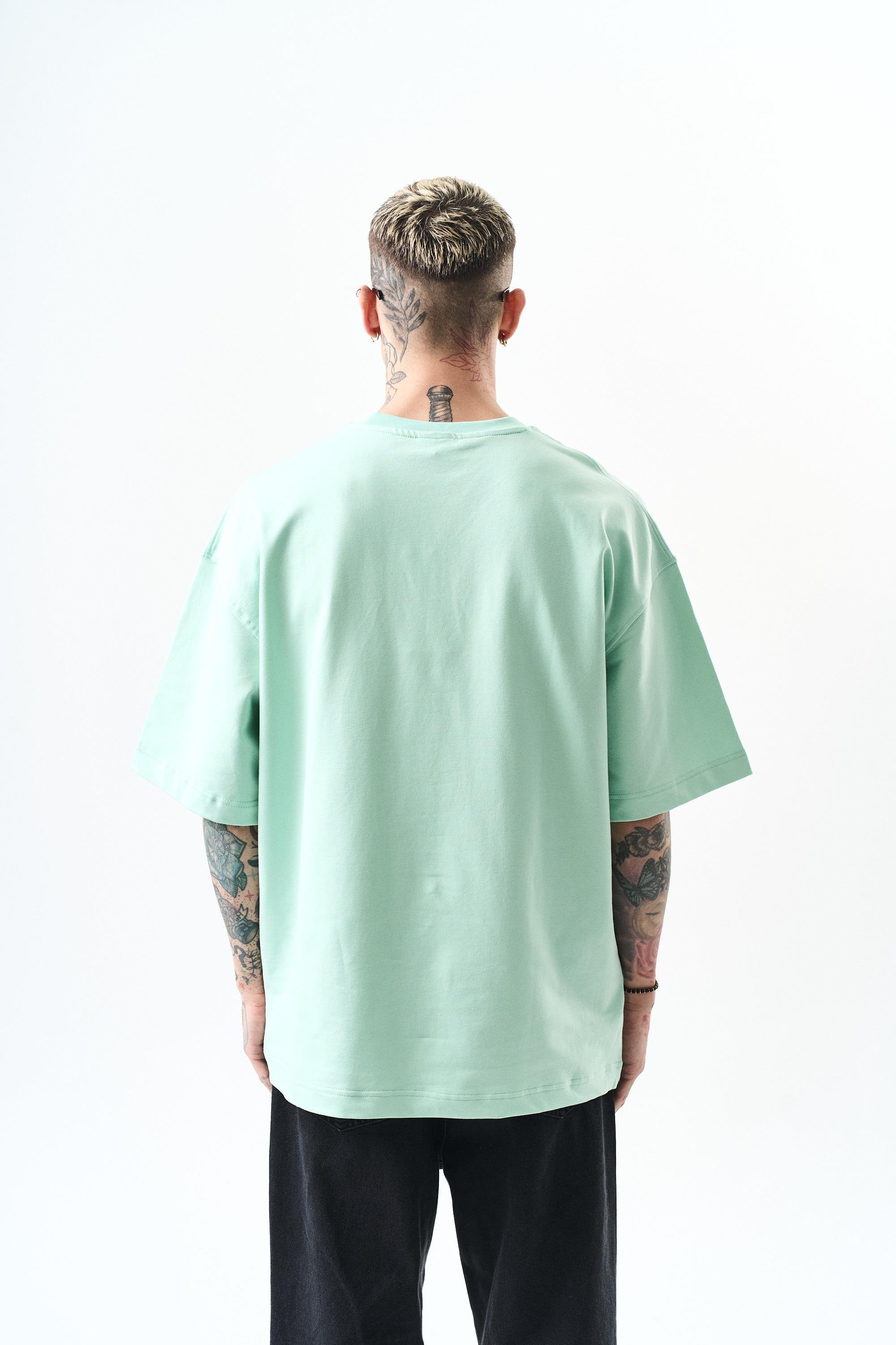 Erkek Respire Yazı Detaylı Oversize T-Shirt Su Yeşili