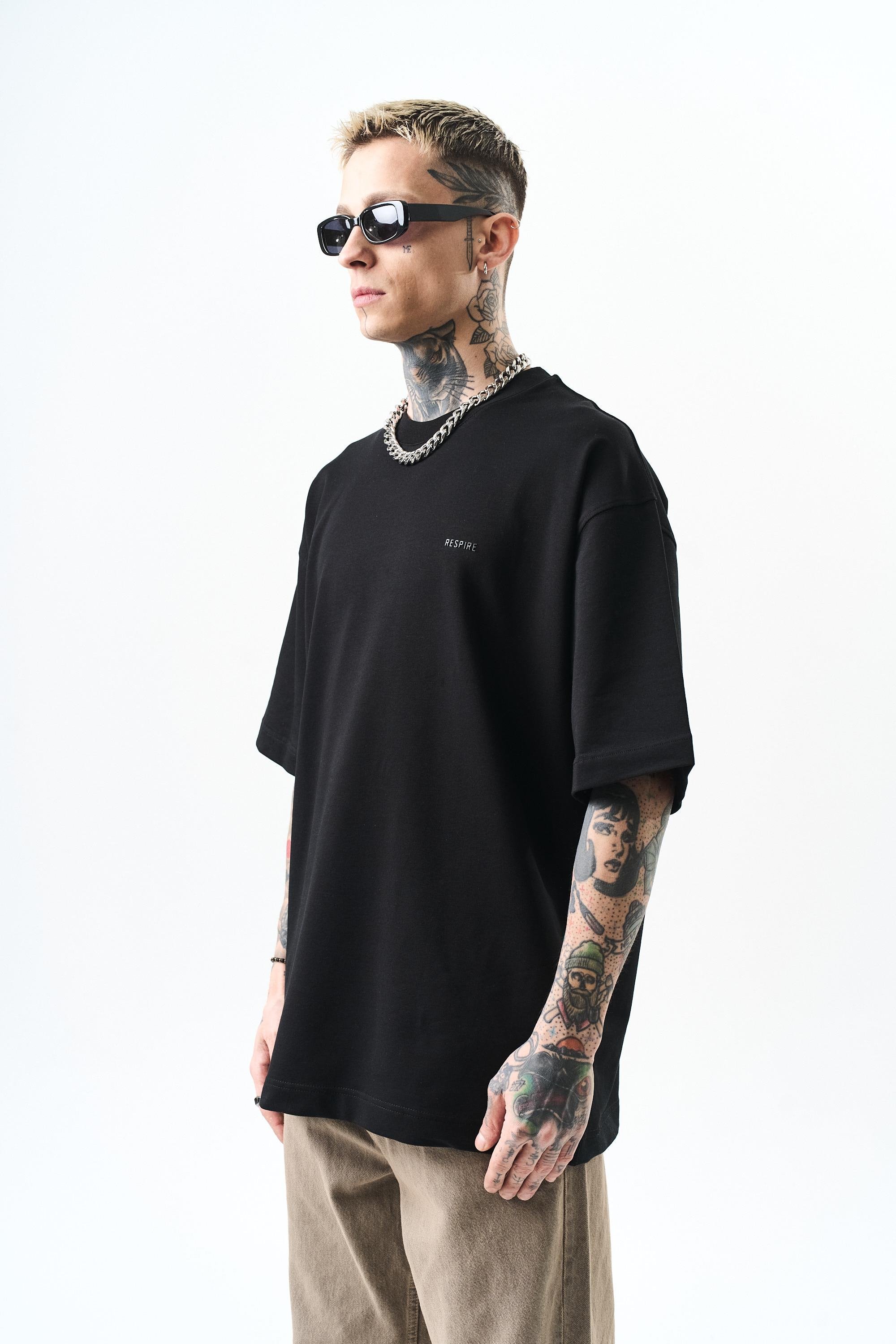 Erkek Respire Yazı Detaylı Oversize T-Shirt Siyah