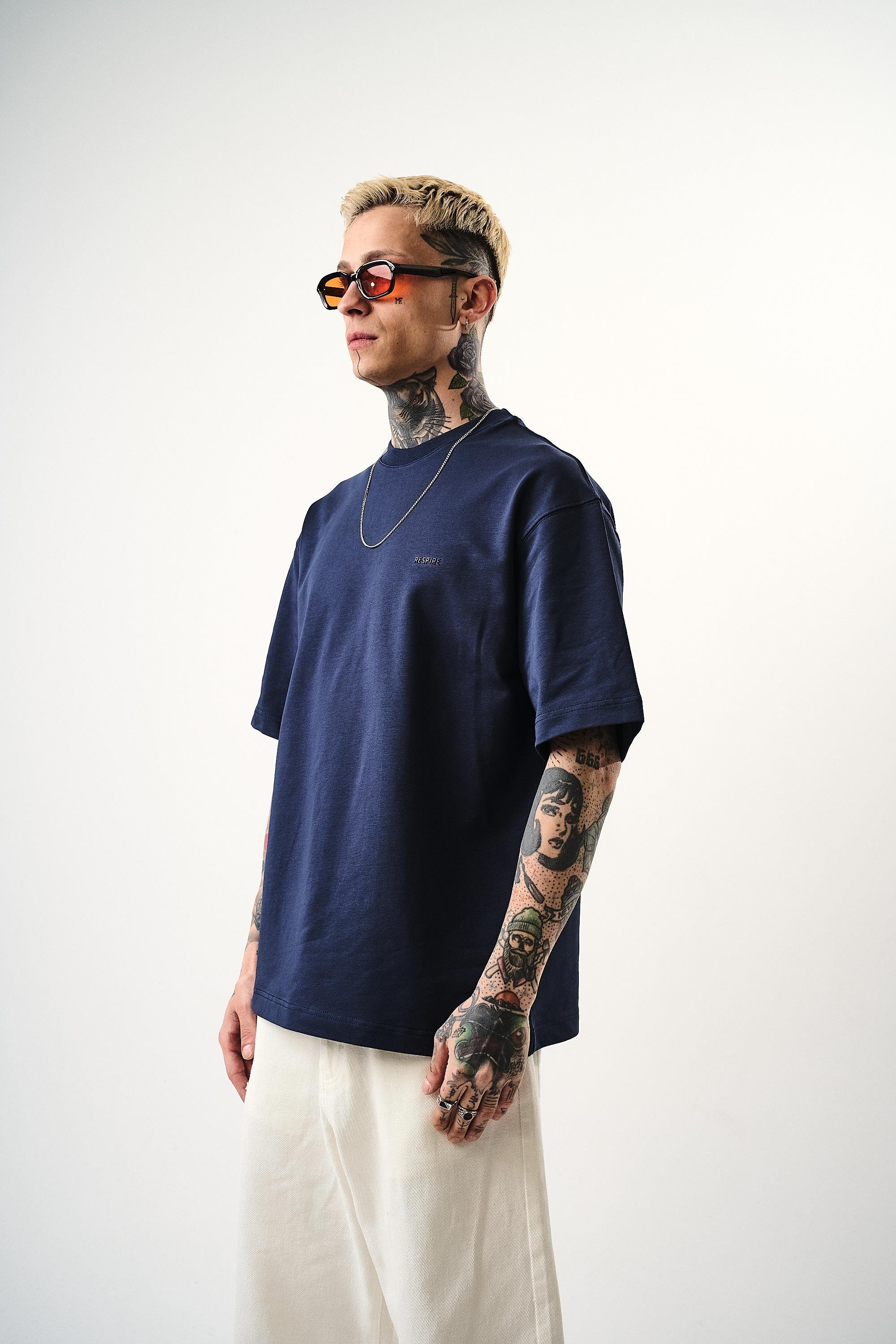 Erkek Respire Yazı Detaylı Oversize T-Shirt İndigo