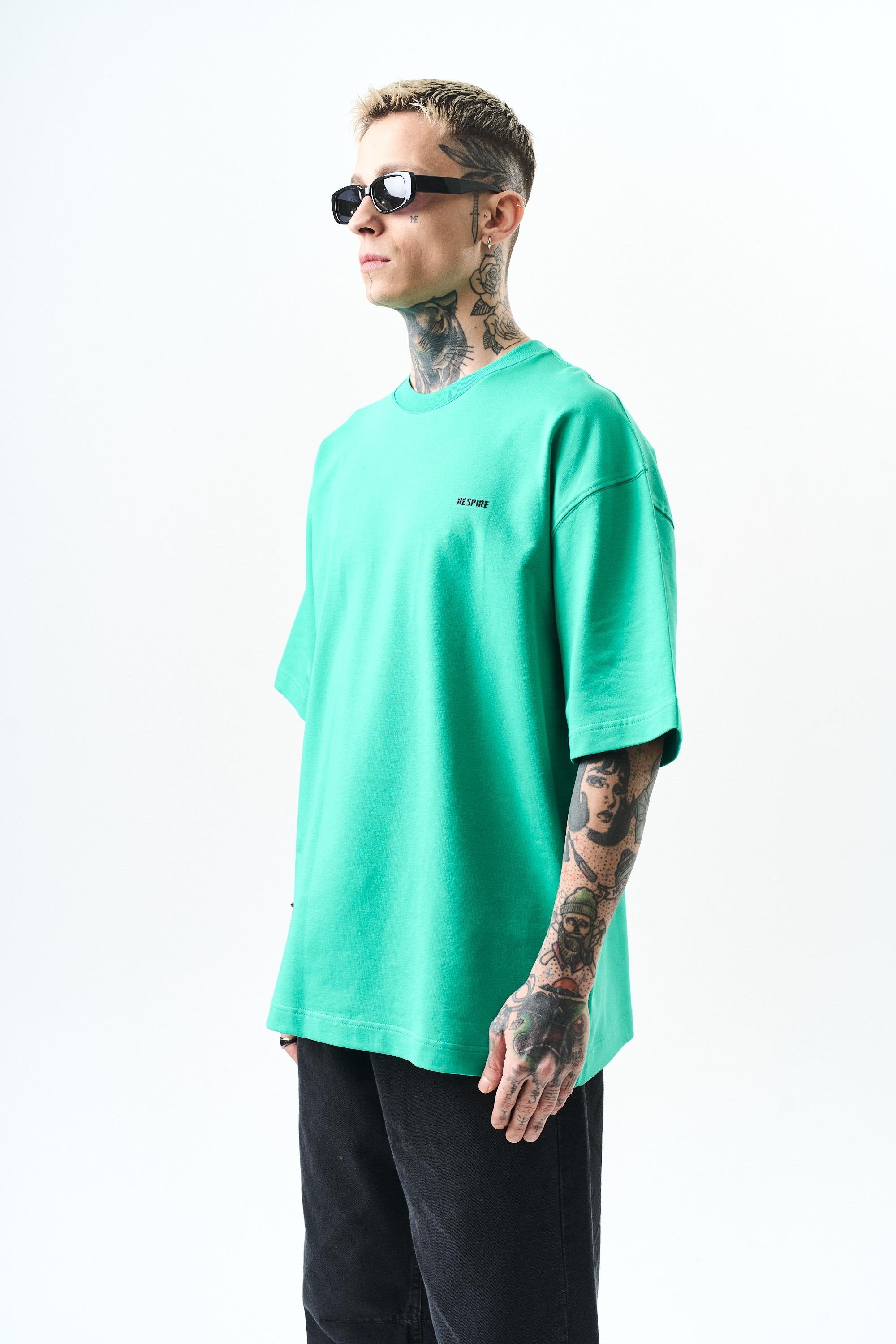 Erkek Respire Yazı Detaylı Oversize T-Shirt Yeşil