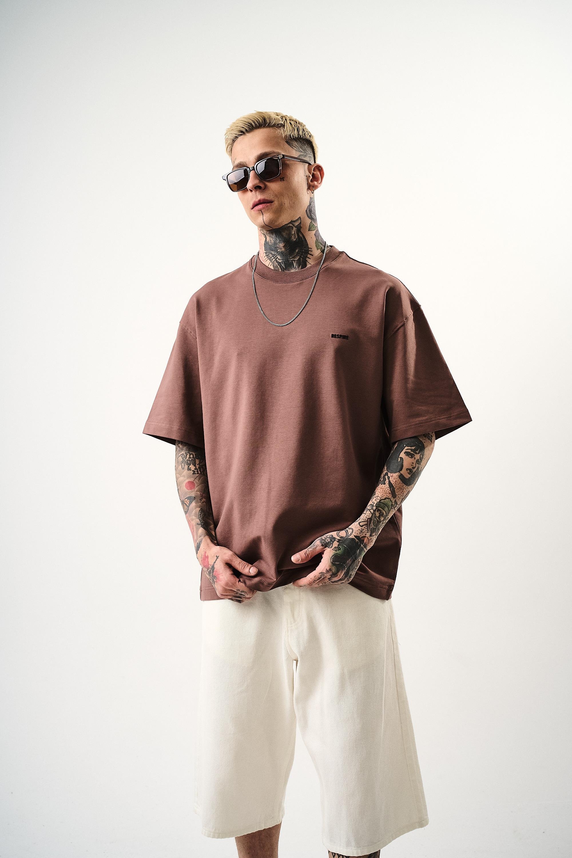 Erkek Respire Yazı Detaylı Oversize T-Shirt Kakao