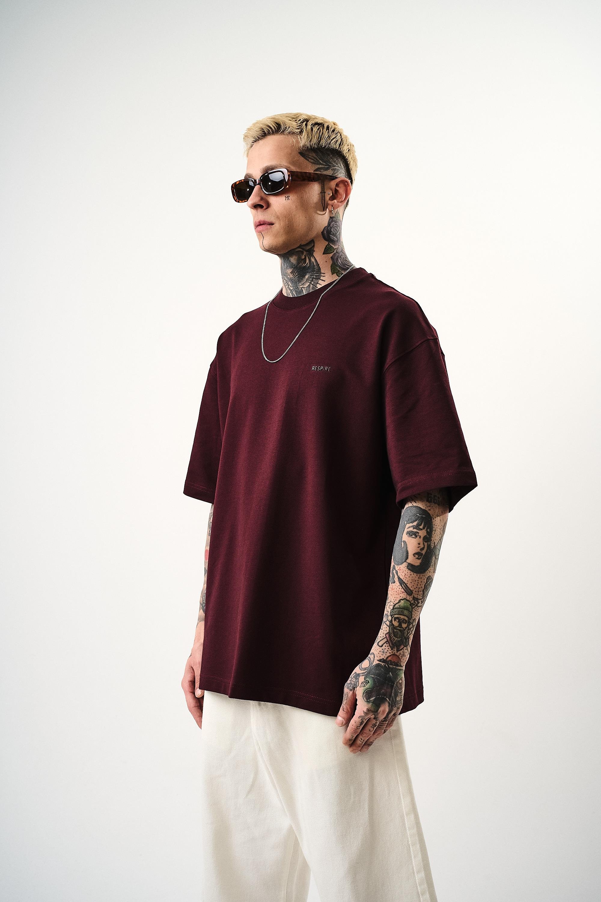 Erkek Respire Yazı Detaylı Oversize T-Shirt Bordo