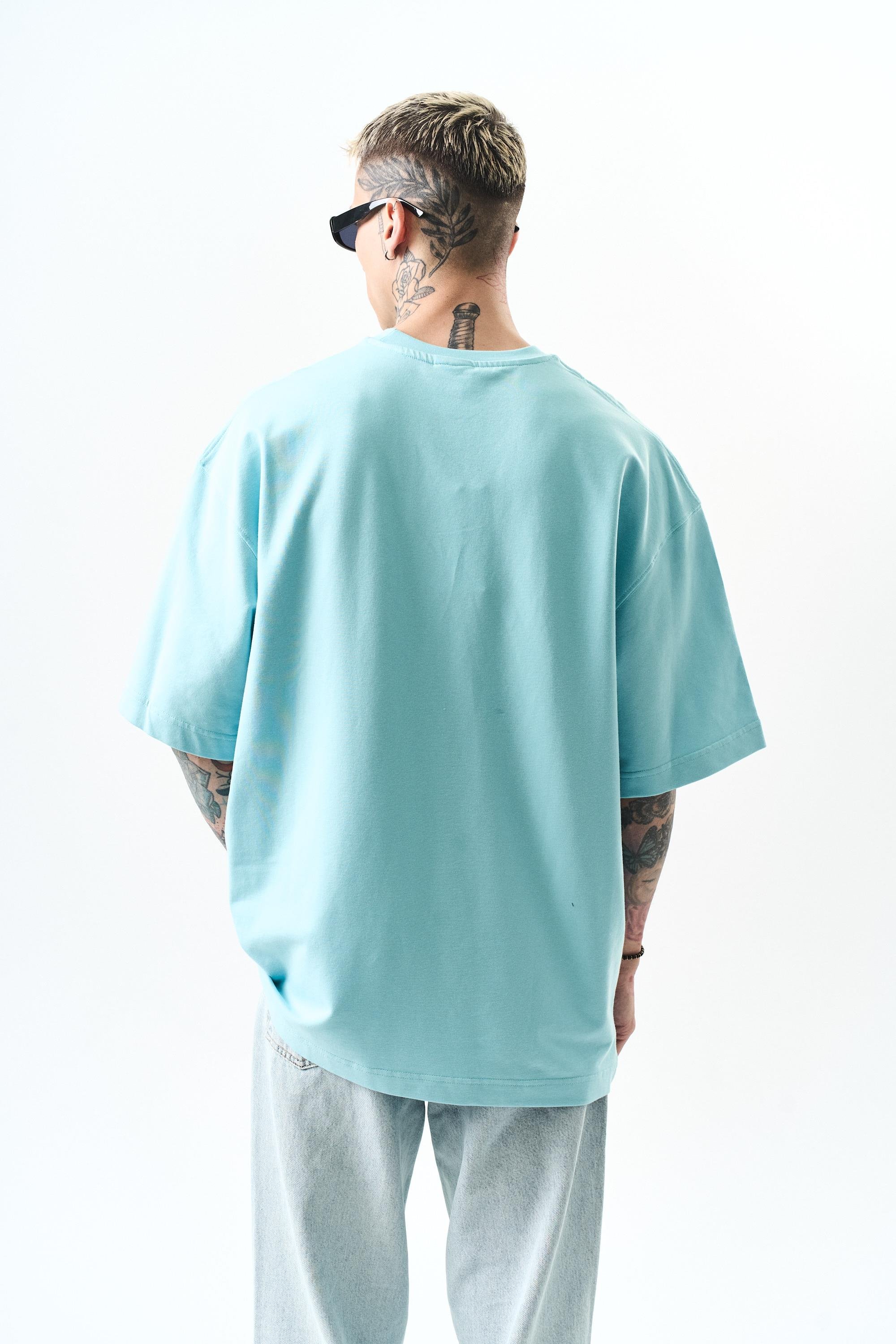 Erkek Respire Yazı Detaylı Oversize T-Shirt Bebe Mavi