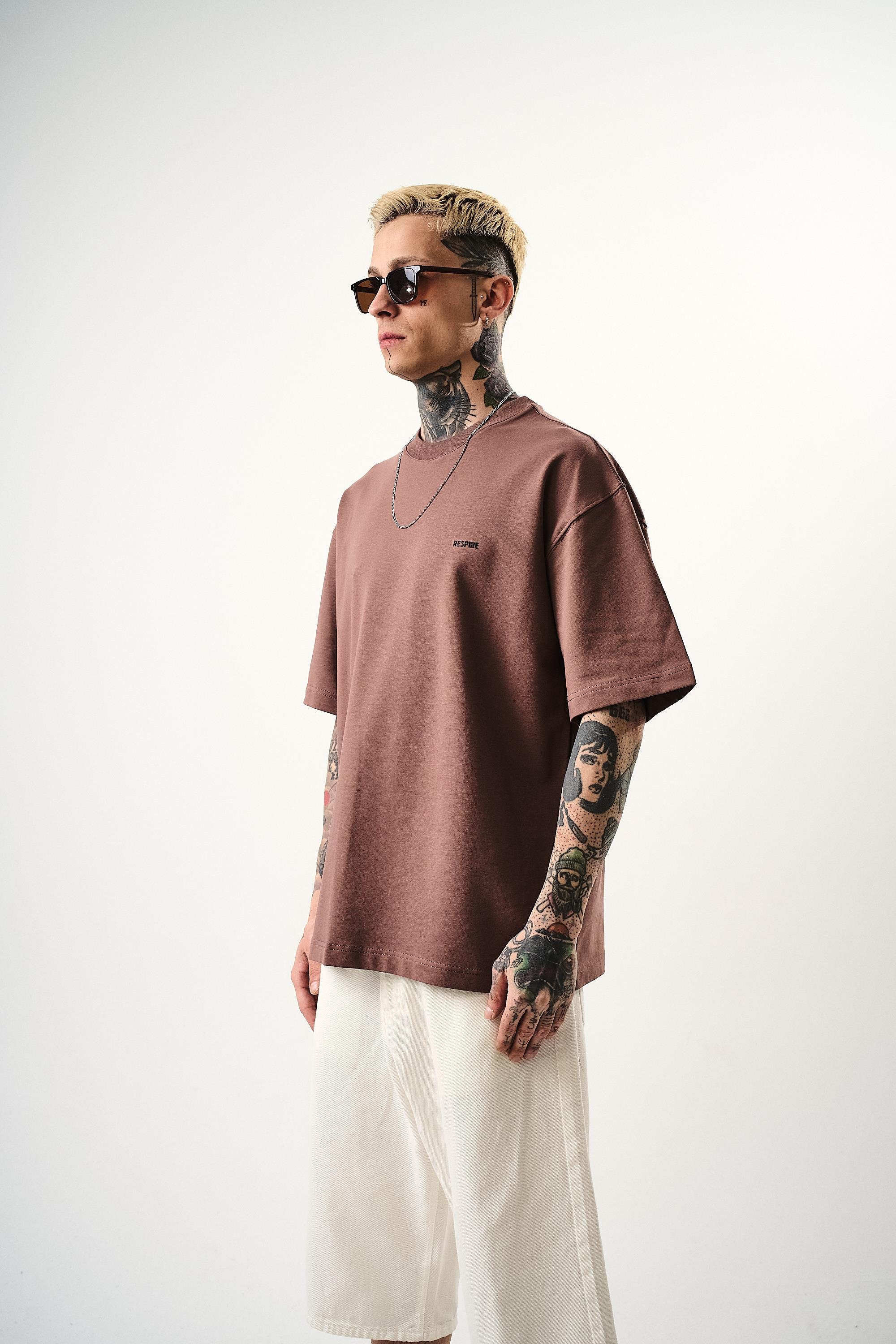 Erkek Respire Yazı Detaylı Oversize T-Shirt Kakao