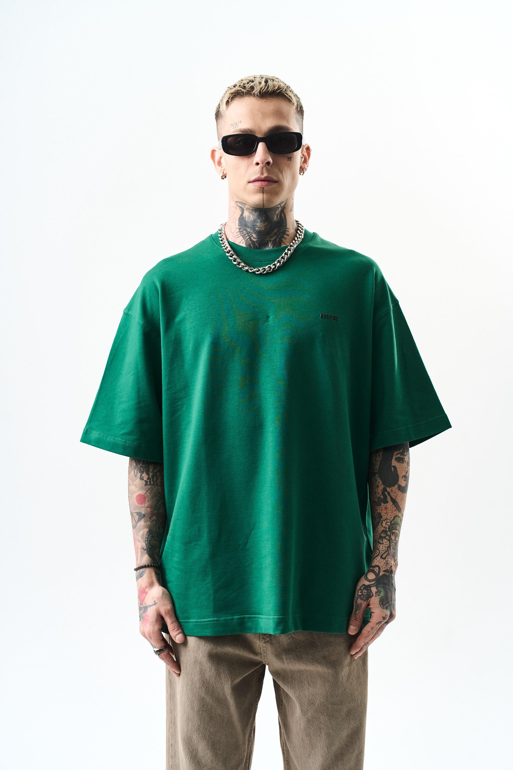 Erkek Respire Yazı Detaylı Oversize T-Shirt Nefti