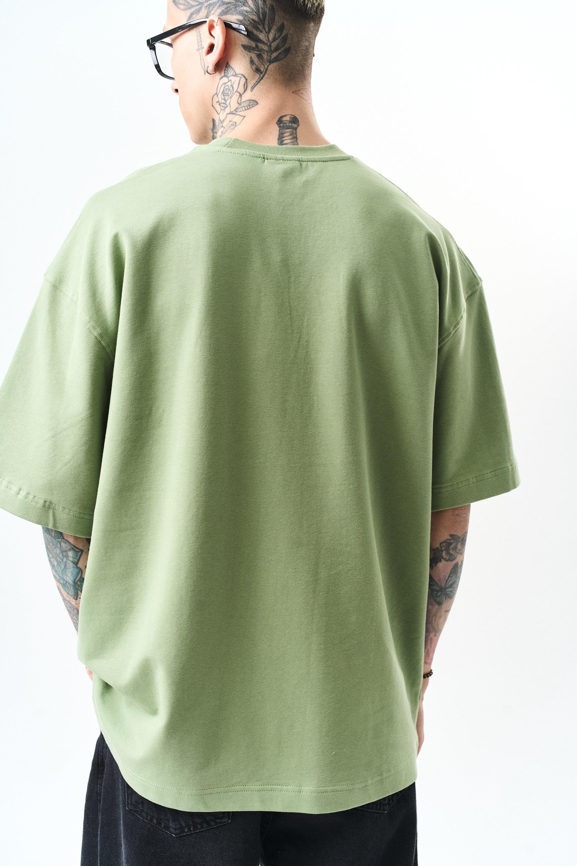 Erkek Respire Yazı Detaylı Oversize T-Shirt Yağ Yeşili