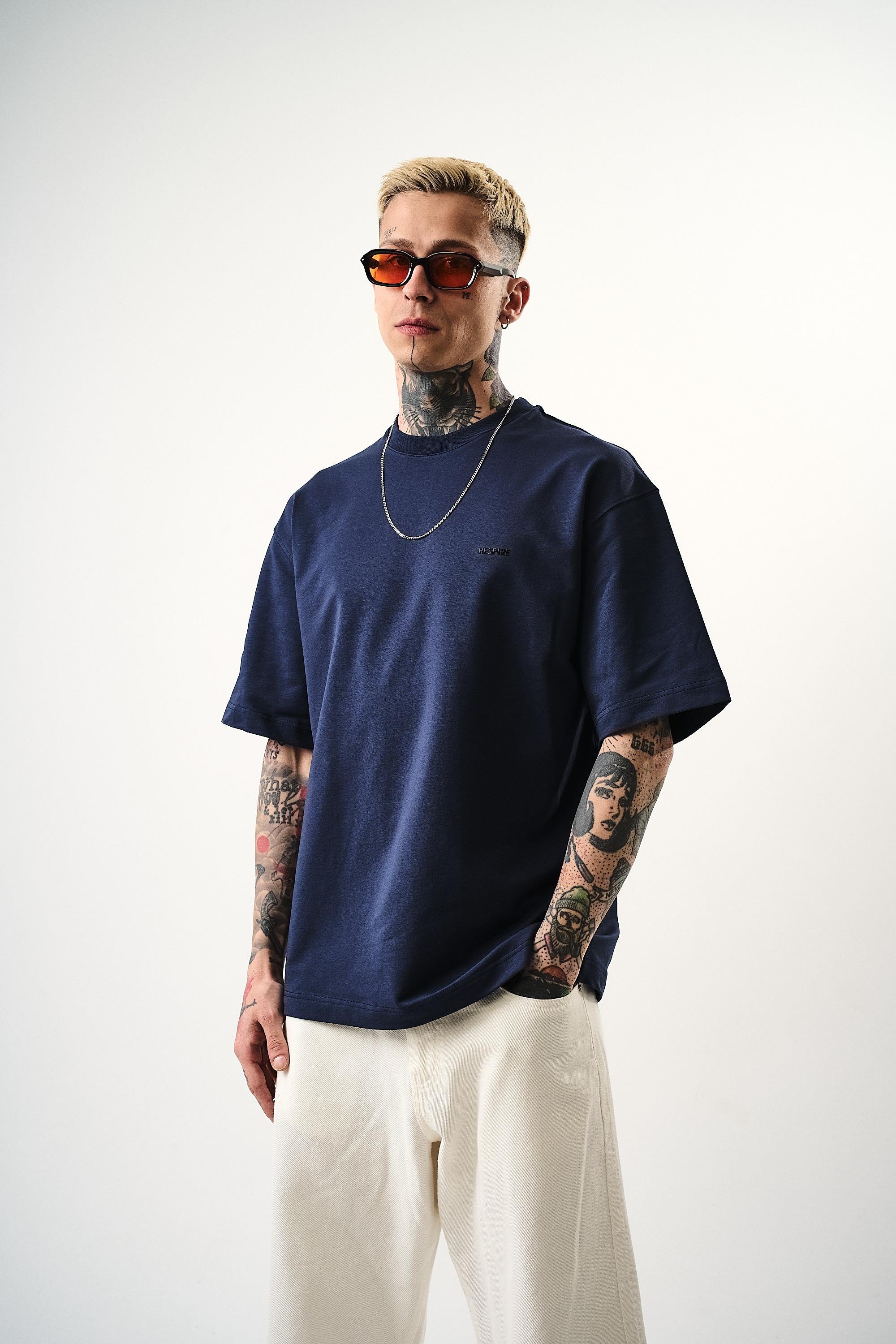 Erkek Respire Yazı Detaylı Oversize T-Shirt İndigo
