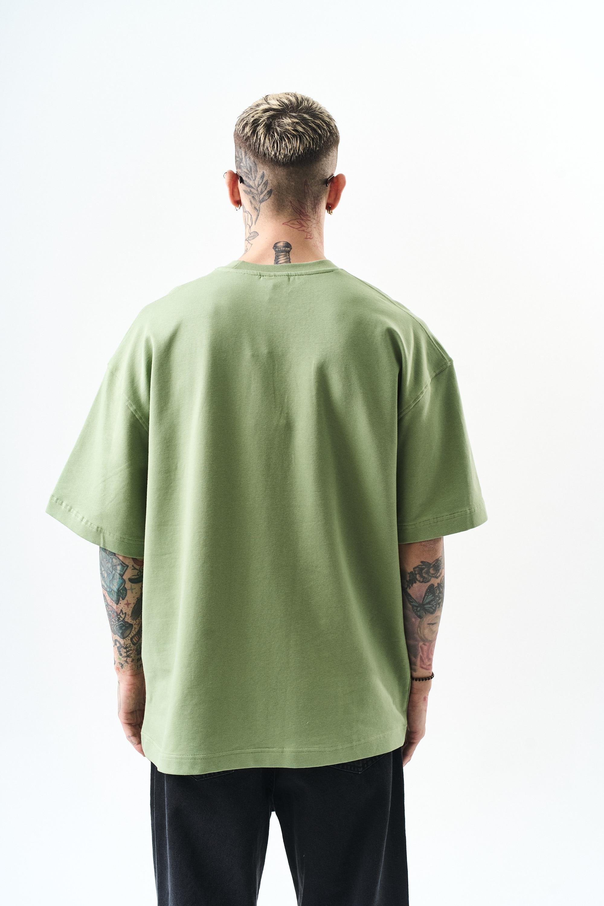 Erkek Respire Yazı Detaylı Oversize T-Shirt Yağ Yeşili